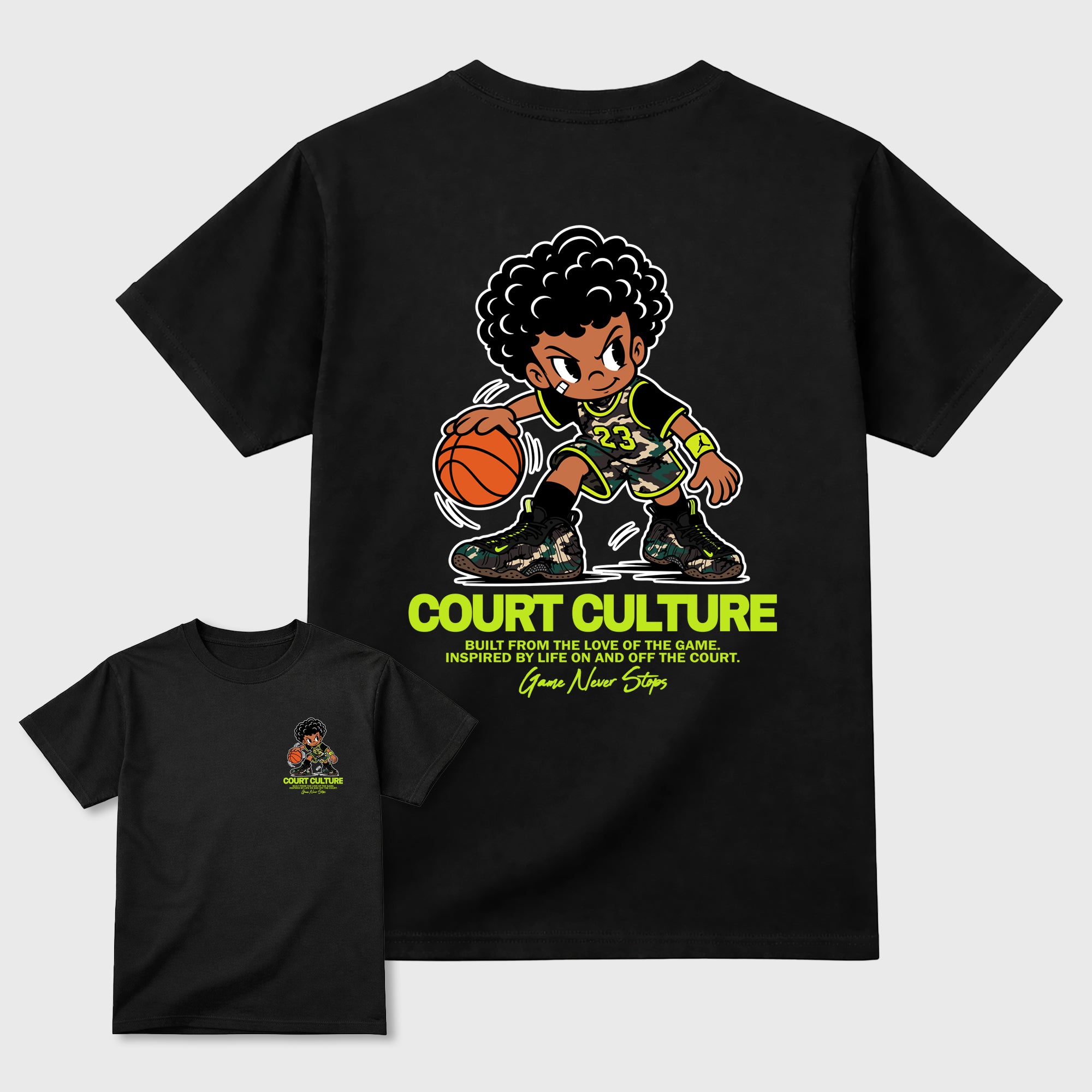 Court Culture Black Graphic T-Shirt - 2, sneaker tee made to match Air Foamposite Pro Black Multi Color sneakers with original graphic artwork for a coordinated sneaker outfit.