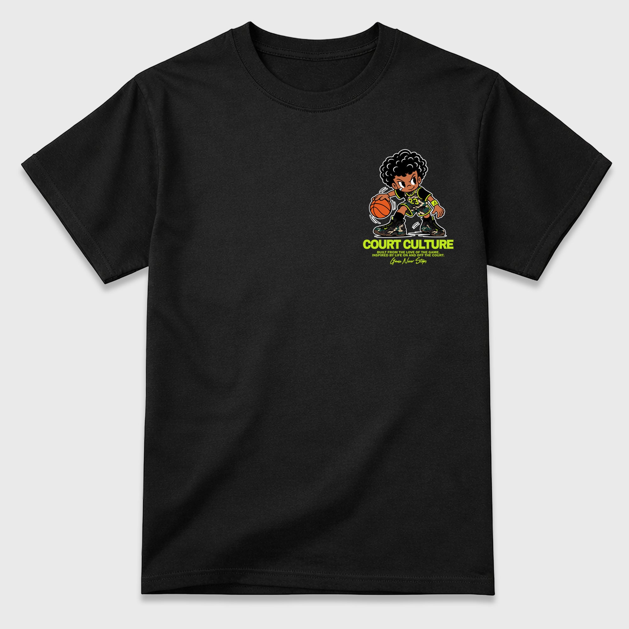 Court Culture Black Graphic T-Shirt - 3, sneaker matching shirt designed to pair with Air Foamposite Pro Black Multi Color sneakers for a coordinated streetwear outfit.