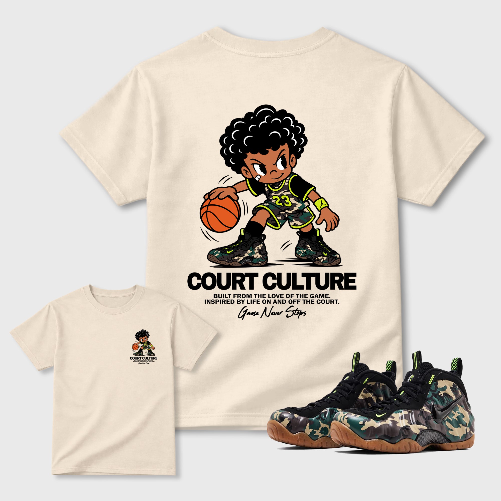 Court Culture Natural Graphic T-Shirt - 1, sneaker matching tee designed to match Air Foamposite Pro Black Multi Color sneakers for a coordinated sneaker outfit.
