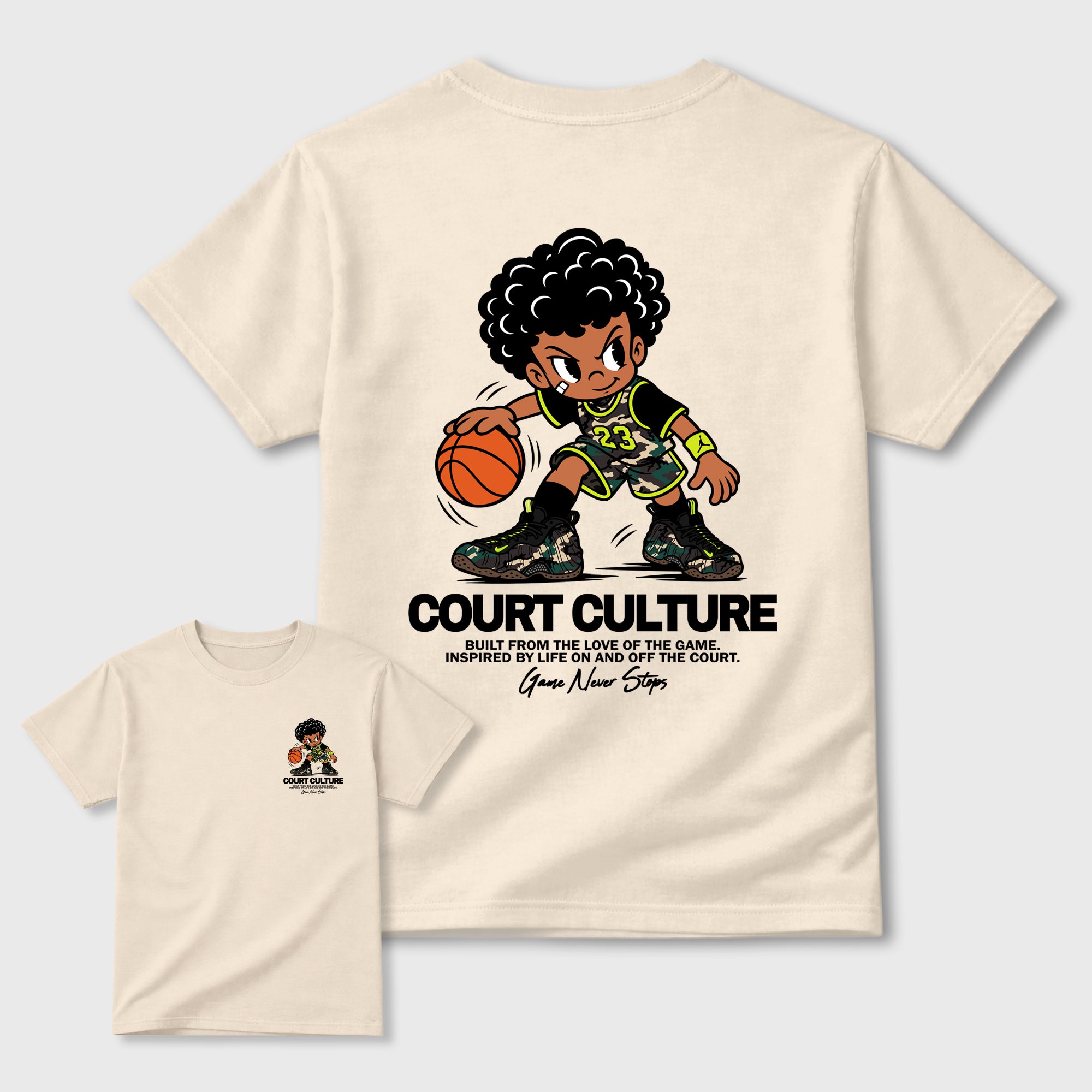 Court Culture Natural Graphic T-Shirt - 1, sneaker matching tee designed to match Air Foamposite Pro Black Multi Color sneakers for a coordinated sneaker outfit.