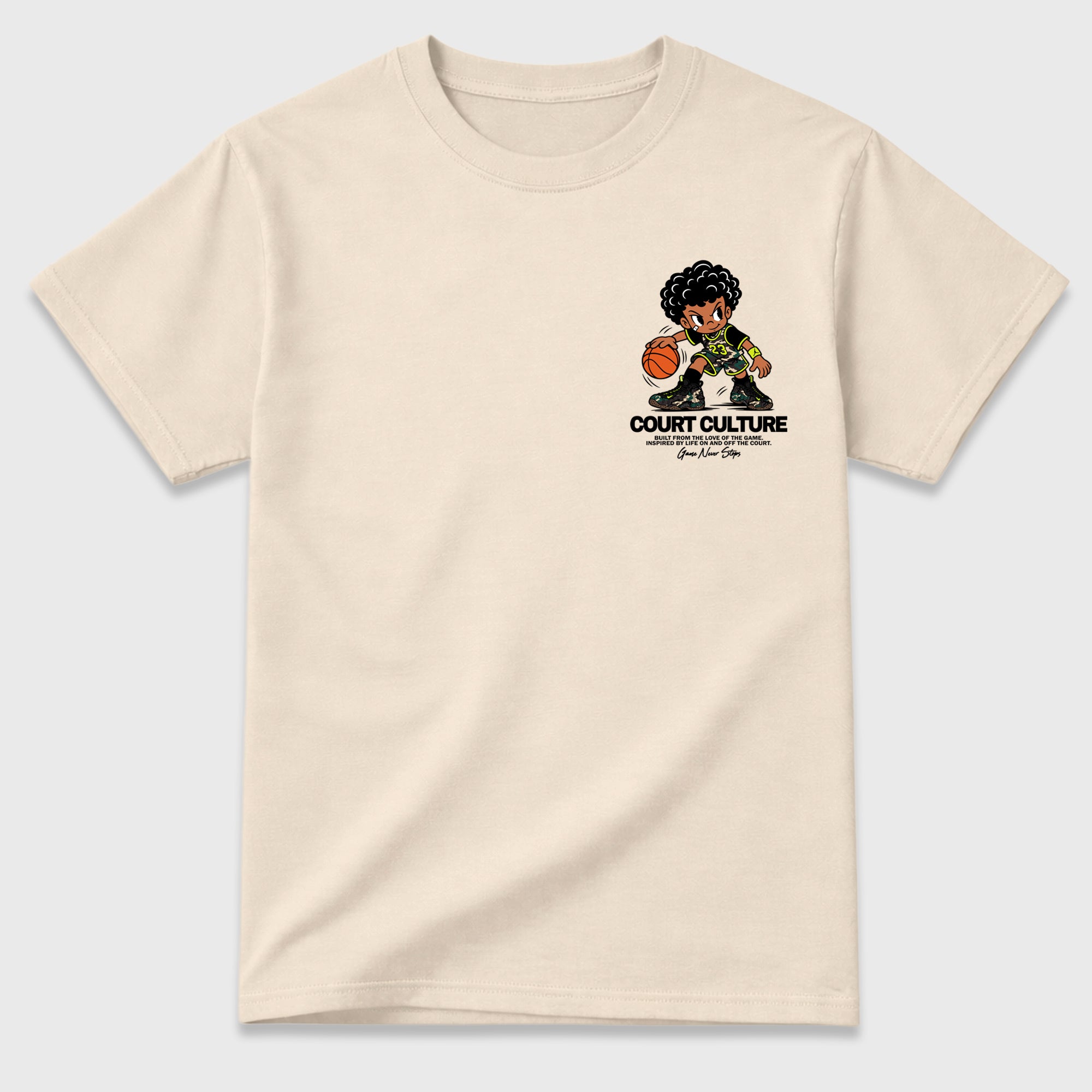 Court Culture Natural Graphic T-Shirt - 2, sneaker tee made to match Air Foamposite Pro Black Multi Color sneakers with original graphic artwork for a coordinated sneaker outfit.