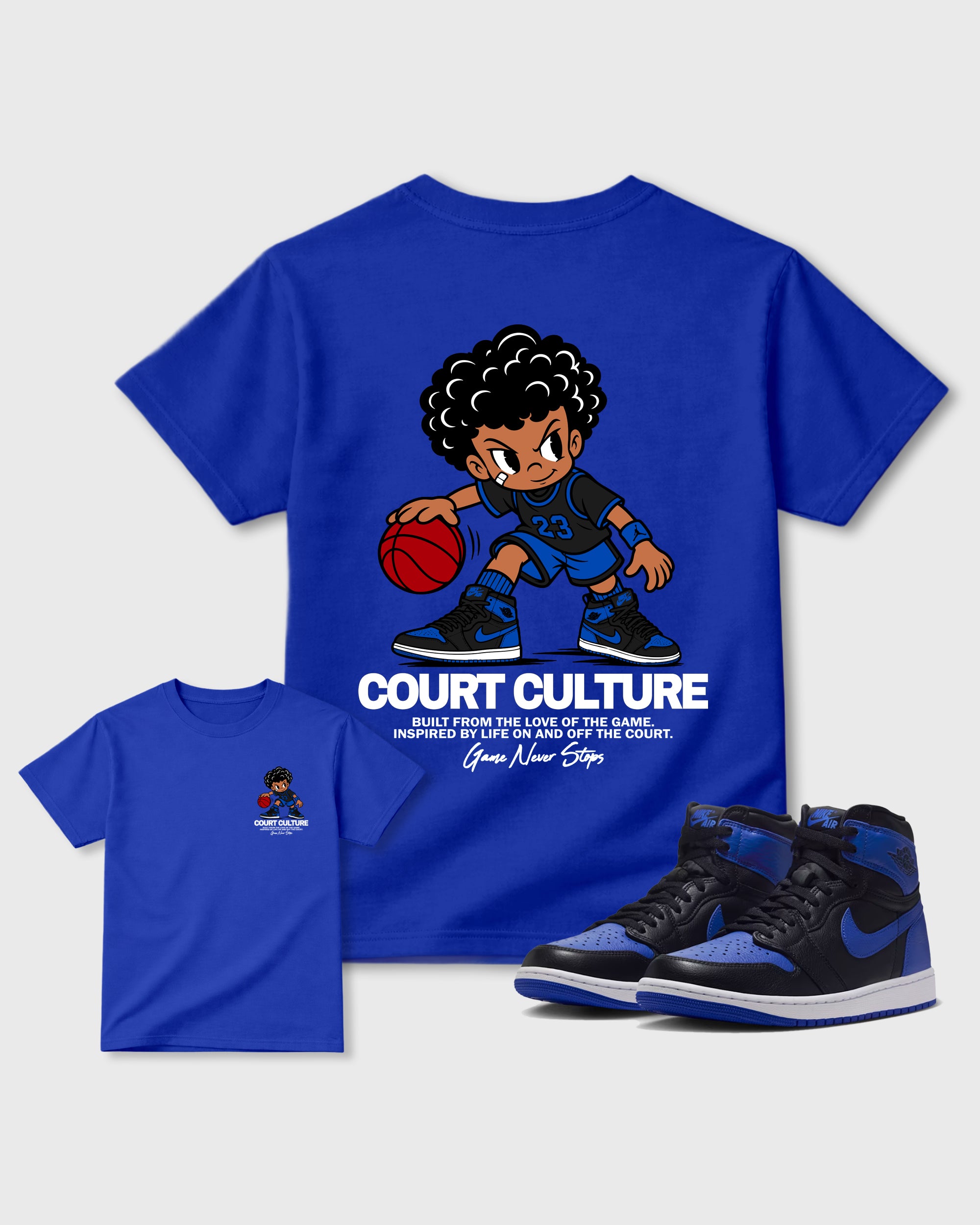 Court Culture Royal Blue Front & Back Graphic T-Shirt - 3, sneaker matching shirt designed to pair with Air Jordan 1 High OG Royal sneakers for a coordinated streetwear outfit.