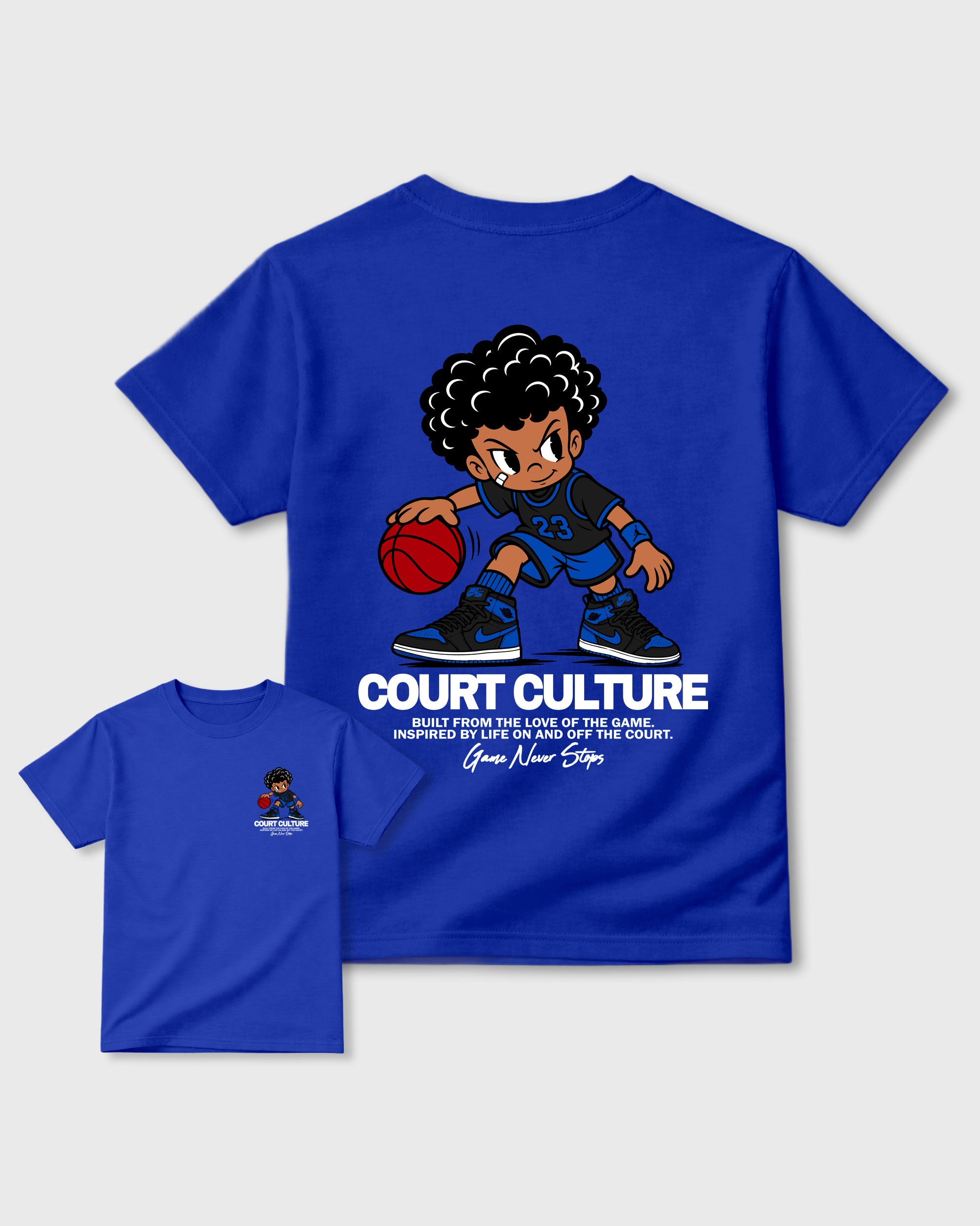 Court Culture Royal Blue Front & Back Graphic T-Shirt - 3, sneaker matching shirt designed to pair with Air Jordan 1 High OG Royal sneakers for a coordinated streetwear outfit.