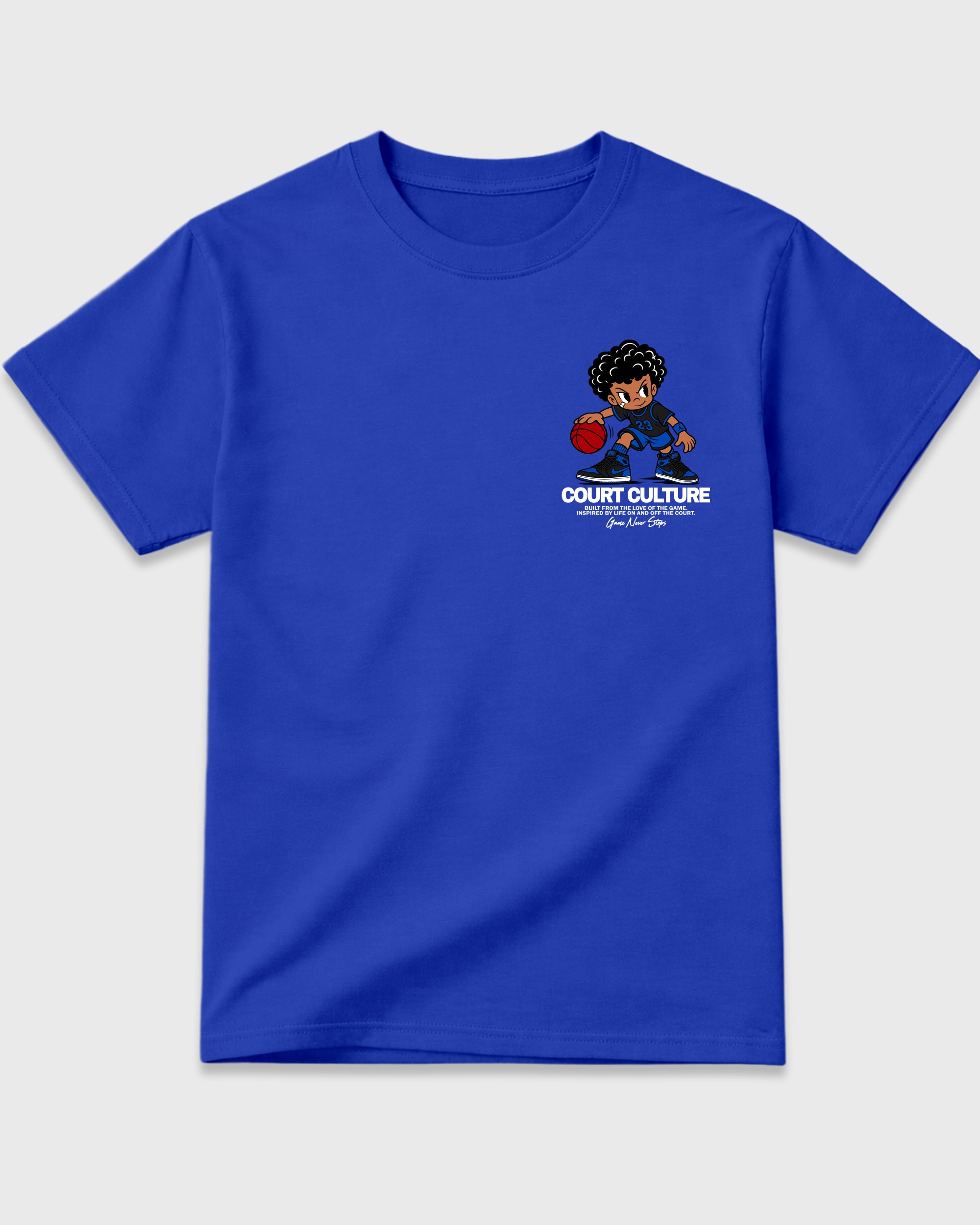 Court Culture Royal Blue Front & Back Graphic T-Shirt - 3, sneaker matching shirt designed to pair with Air Jordan 1 High OG Royal sneakers for a coordinated streetwear outfit.