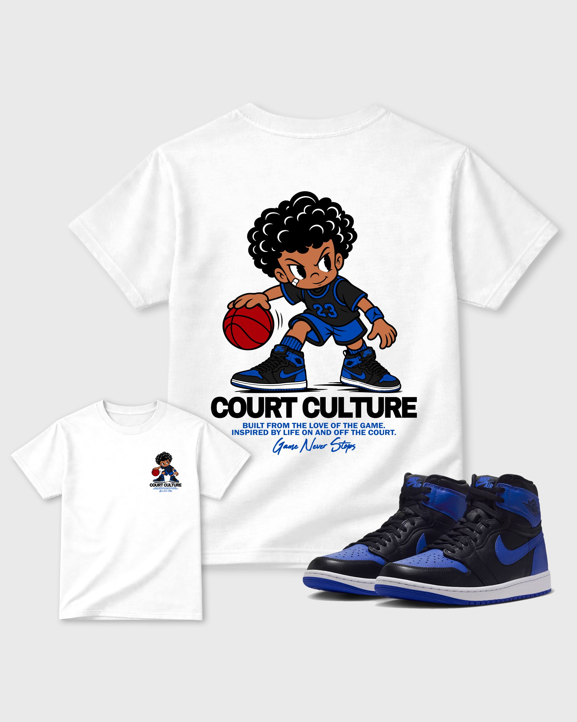 Court Culture White Front & Back Graphic T-Shirt - 1, sneaker matching tee designed to match Air Jordan 1 High OG Royal sneakers for a coordinated sneaker outfit.