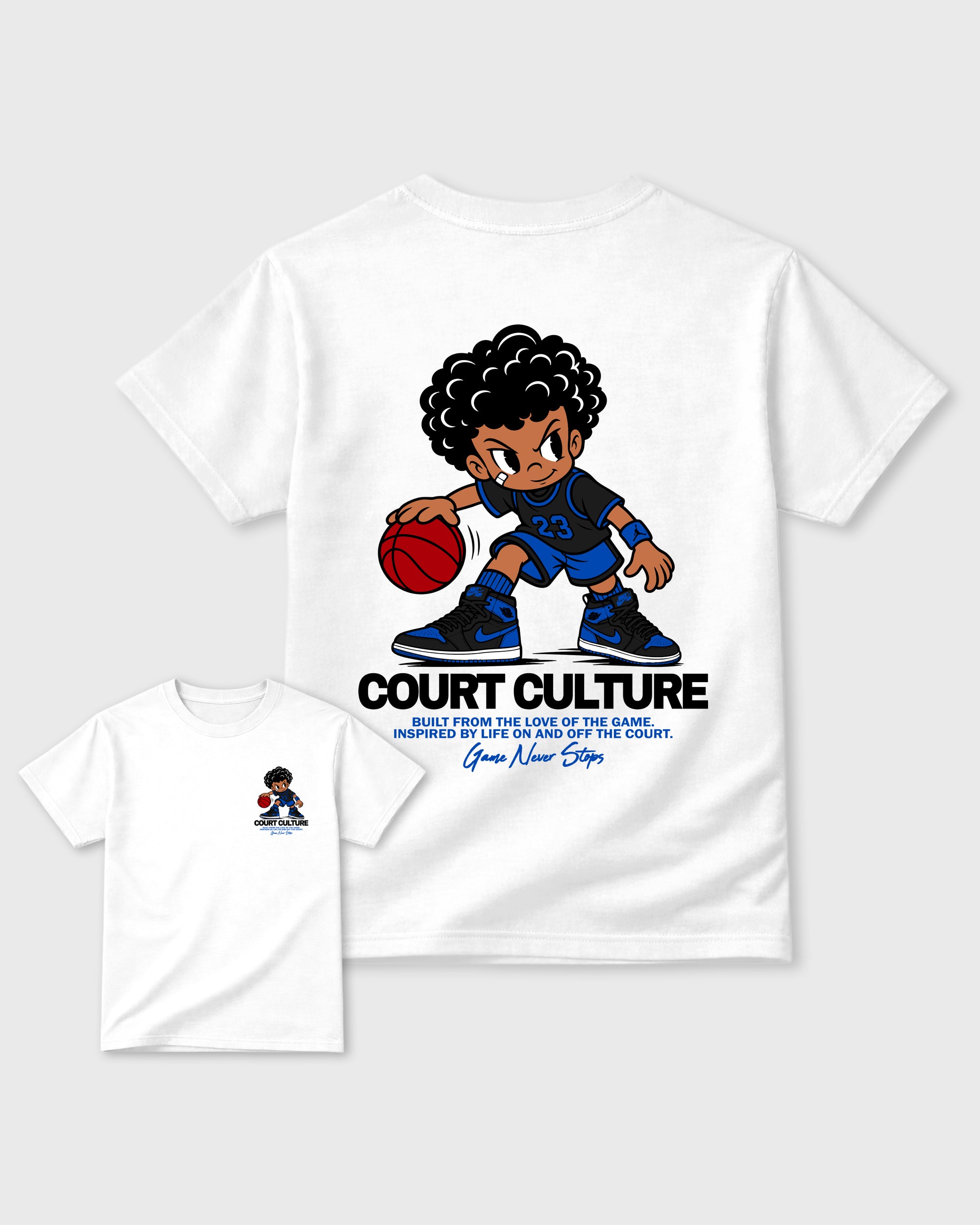 Court Culture White Front & Back Graphic T-Shirt - 3, sneaker matching shirt designed to pair with Air Jordan 1 High OG Royal sneakers for a coordinated streetwear outfit.