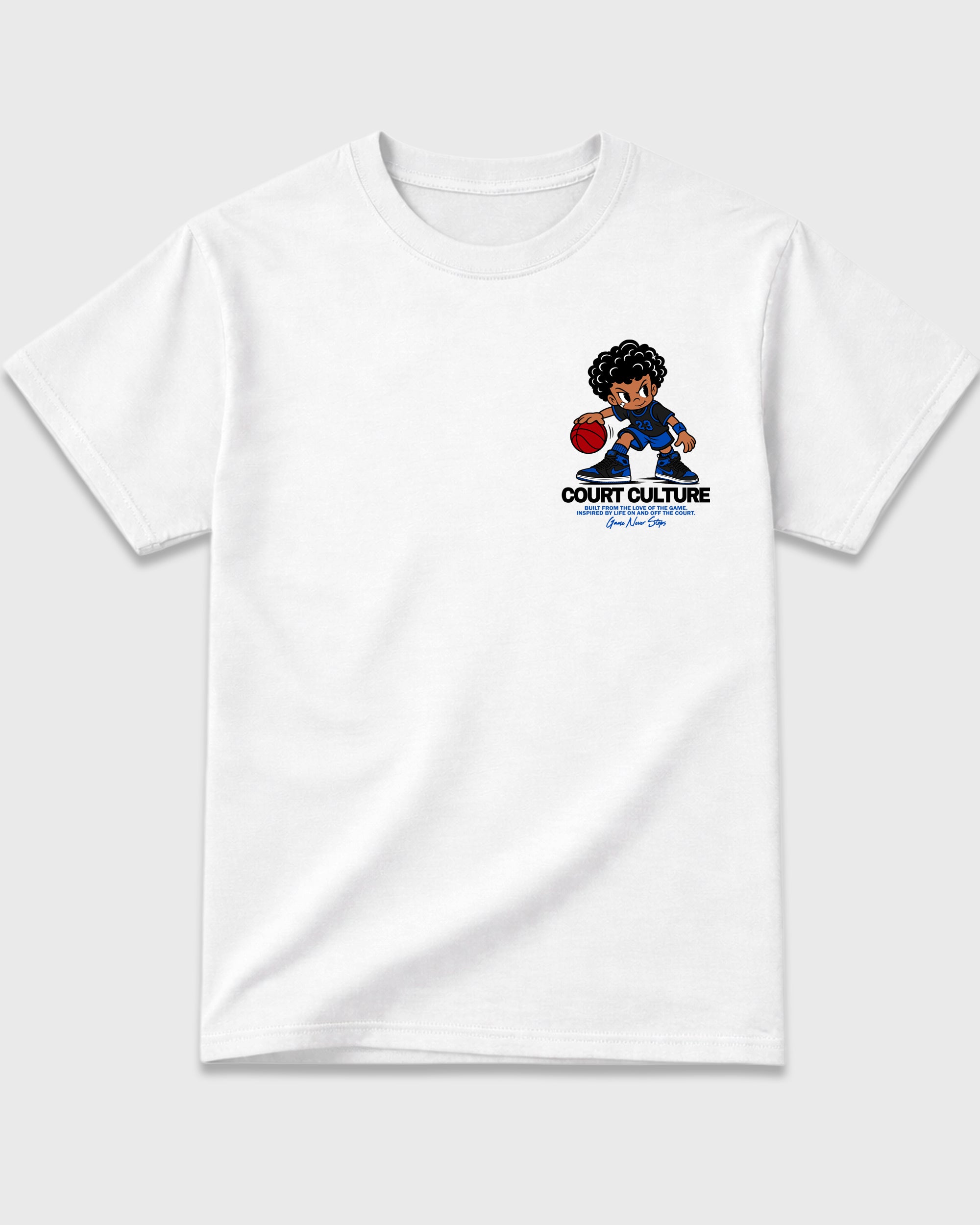 Court Culture White Front & Back Graphic T-Shirt - 3, sneaker matching shirt designed to pair with Air Jordan 1 High OG Royal sneakers for a coordinated streetwear outfit.