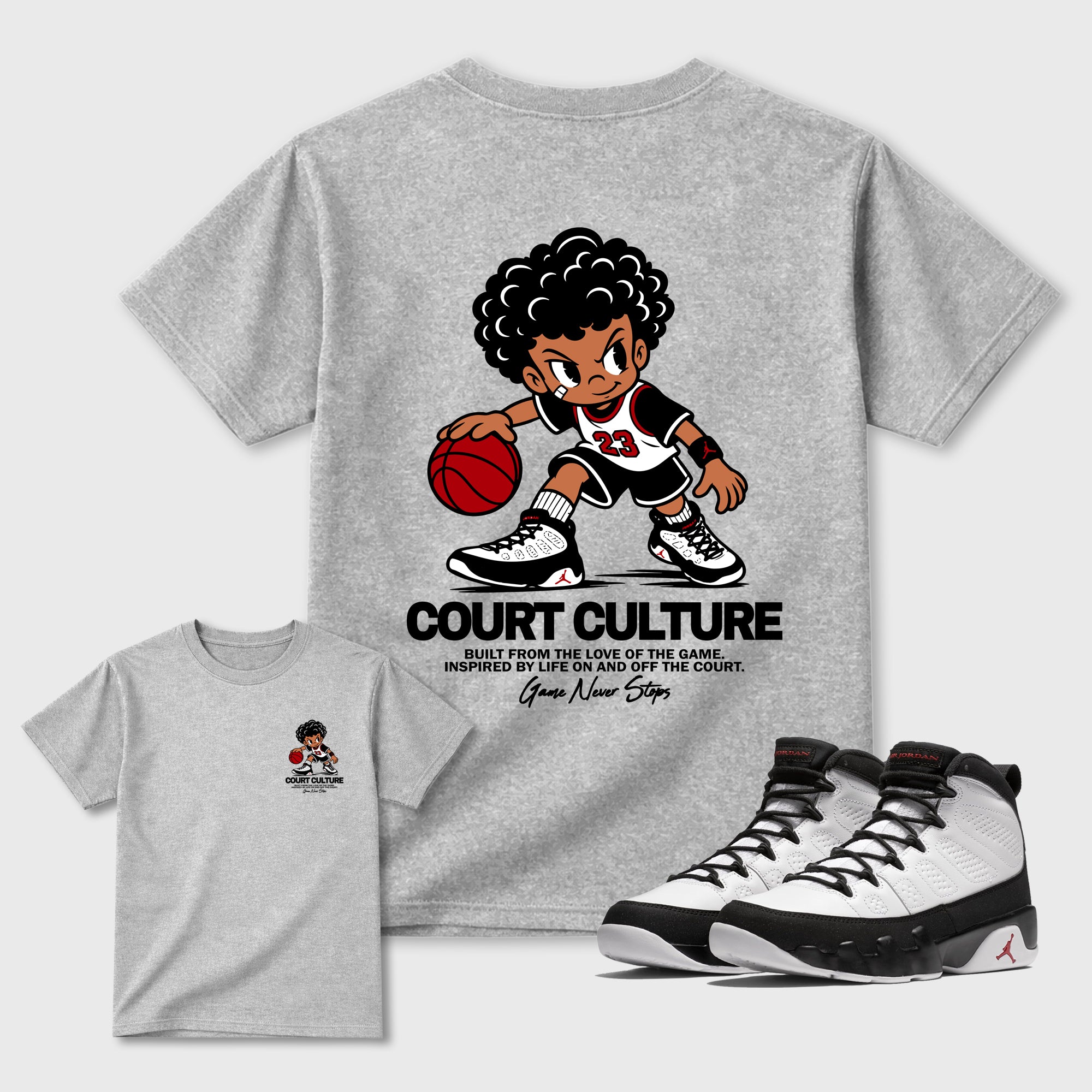 Court Culture Heather Grey Graphic T-Shirt - 3, sneaker matching shirt designed to pair with Air Jordan 9 Retro "Space Jam" sneakers for a coordinated streetwear outfit.