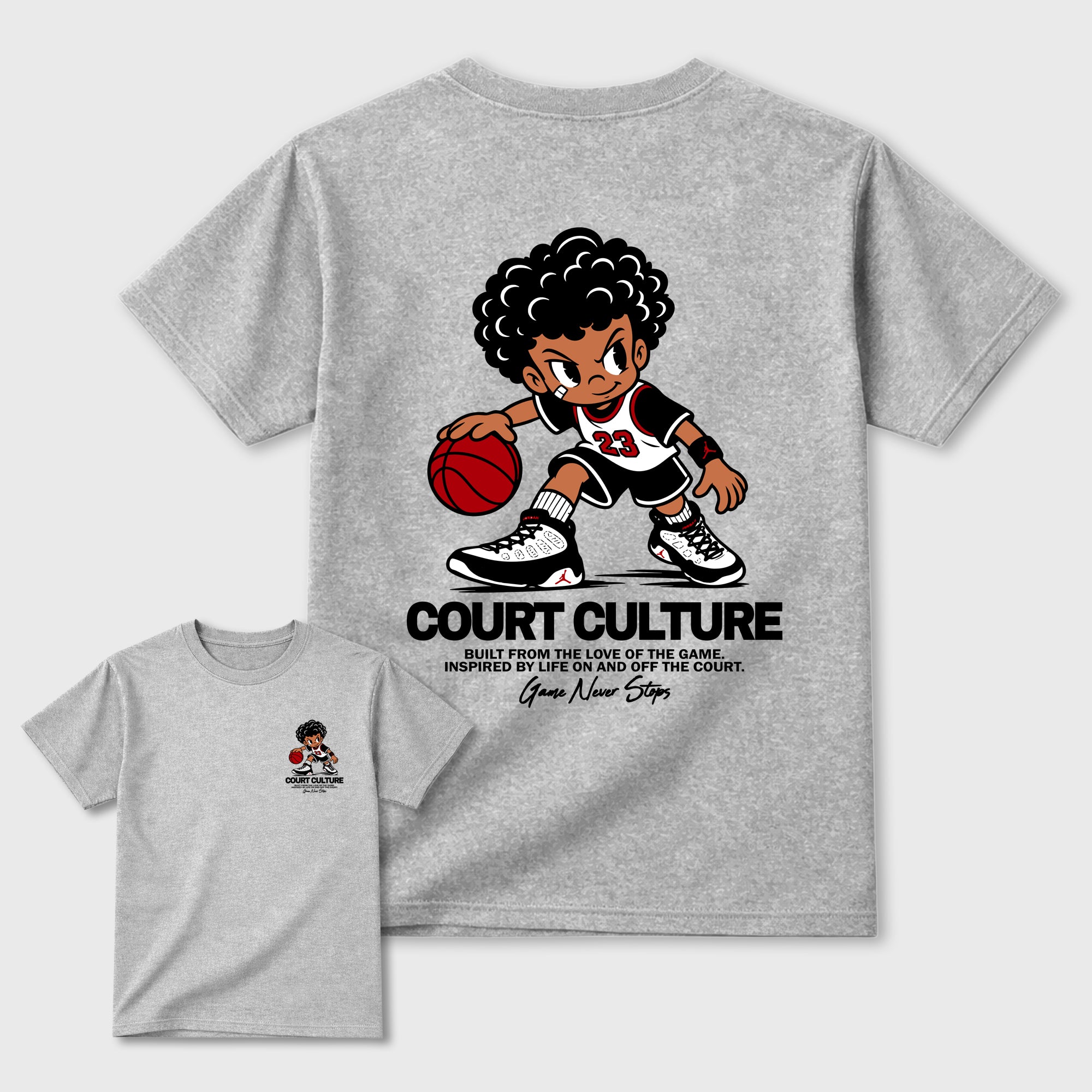 Court Culture Heather Grey Graphic T-Shirt - 3, sneaker matching shirt designed to pair with Air Jordan 9 Retro "Space Jam" sneakers for a coordinated streetwear outfit.