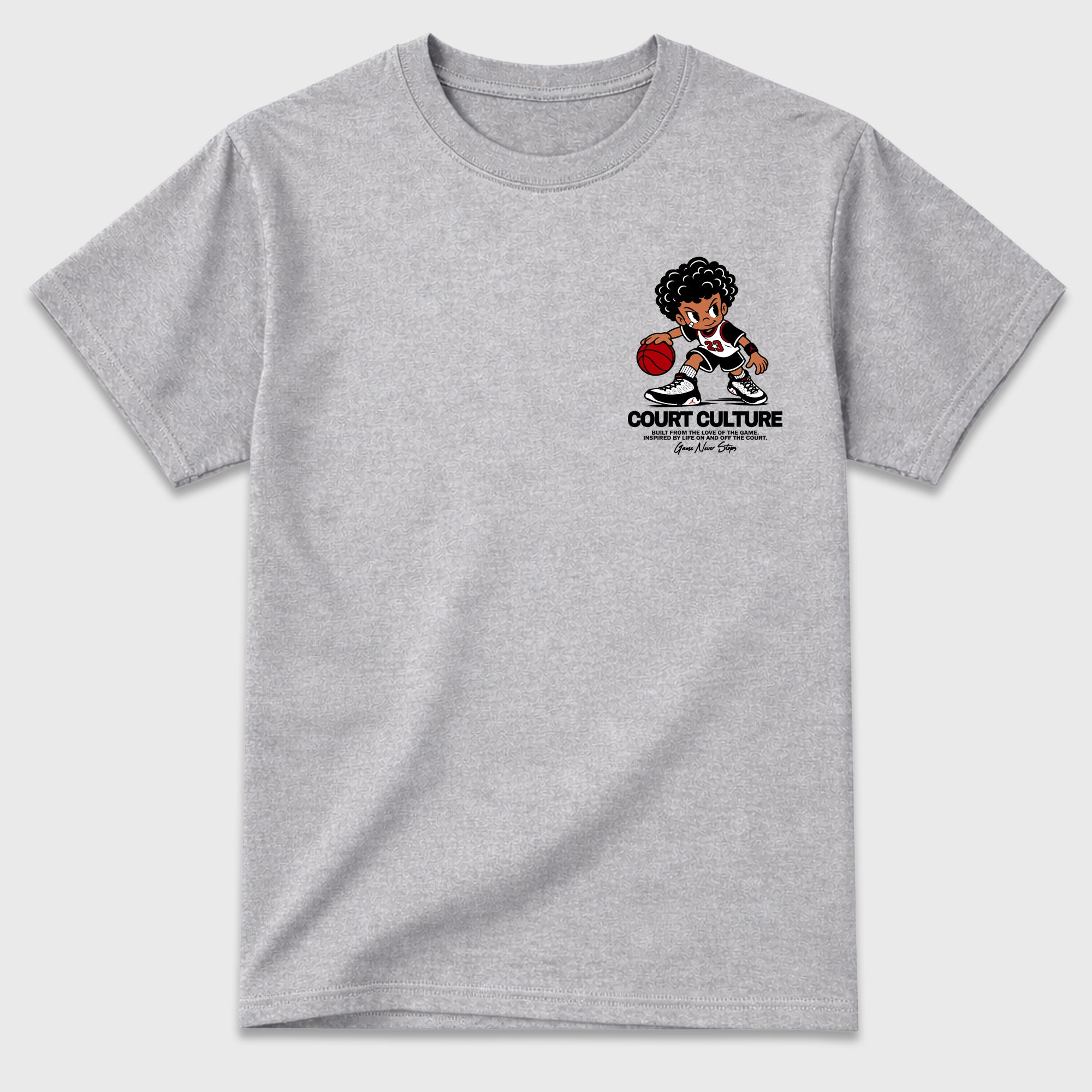 Court Culture Heather Grey Graphic T-Shirt - 3, sneaker matching shirt designed to pair with Air Jordan 9 Retro "Space Jam" sneakers for a coordinated streetwear outfit.