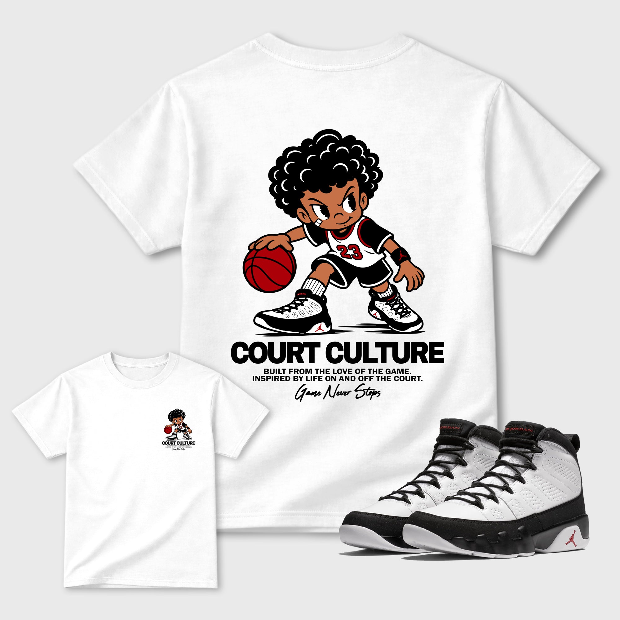 Court Culture White Graphic T-Shirt - 1, sneaker matching tee designed to match Air Jordan 9 Retro "Space Jam" sneakers for a coordinated sneaker outfit.