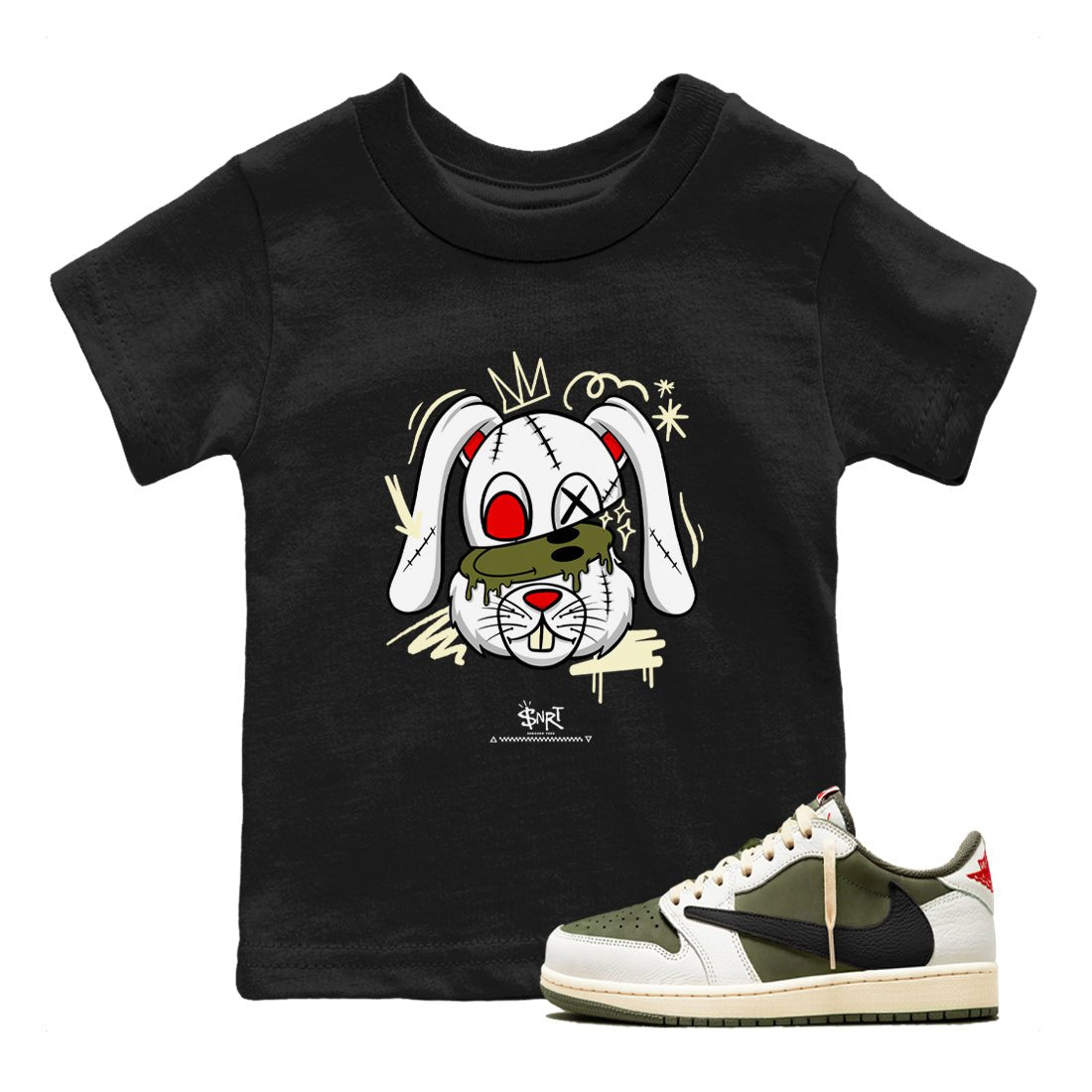 1s Travis Scott Medium Olive shirts to match jordans Crazy Bunny sneaker match tees Air Jordan 1 Travis Scott Medium Olive SNRT Sneaker Tees streetwear brand Baby and Youth Black 1 cotton tee