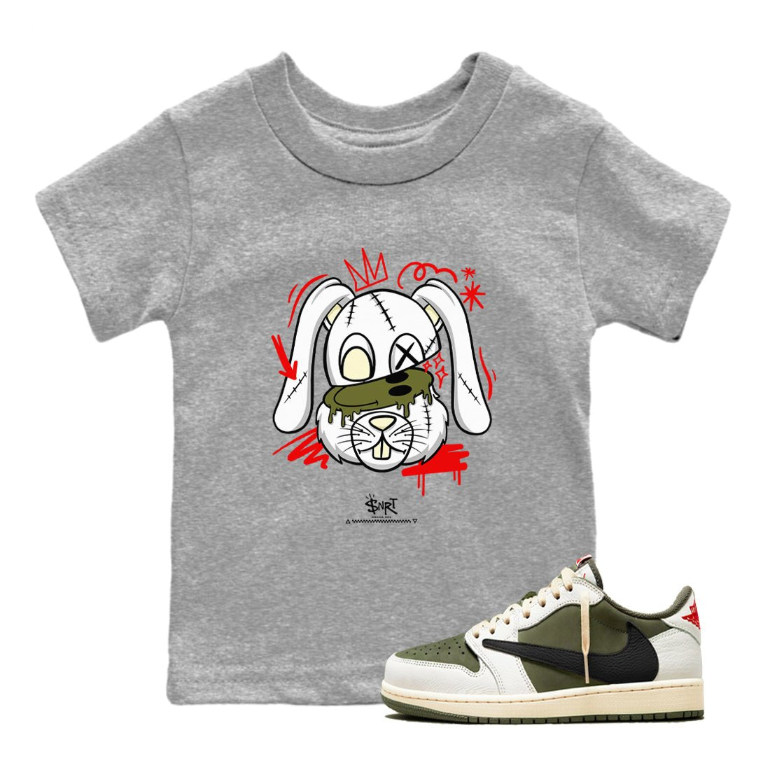 1s Travis Scott Medium Olive shirts to match jordans Crazy Bunny sneaker match tees Air Jordan 1 Travis Scott Medium Olive SNRT Sneaker Tees streetwear brand Baby and Youth Heather Grey 1 cotton tee