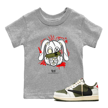 1s Travis Scott Medium Olive shirts to match jordans Crazy Bunny sneaker match tees Air Jordan 1 Travis Scott Medium Olive SNRT Sneaker Tees streetwear brand Baby and Youth Heather Grey 1 cotton tee