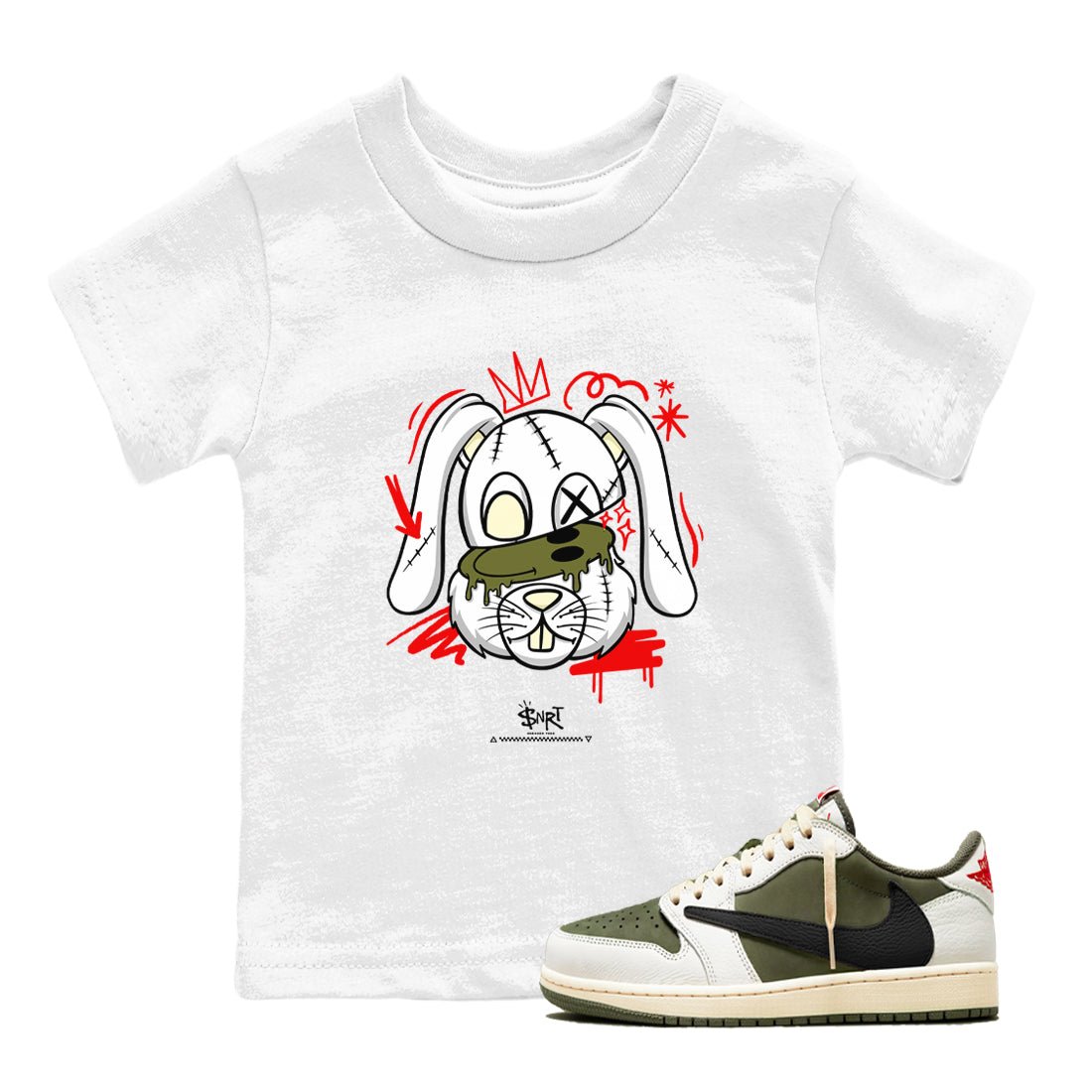 1s Travis Scott Medium Olive shirts to match jordans Crazy Bunny sneaker match tees Air Jordan 1 Travis Scott Medium Olive SNRT Sneaker Tees streetwear brand Baby and Youth White 1 cotton tee