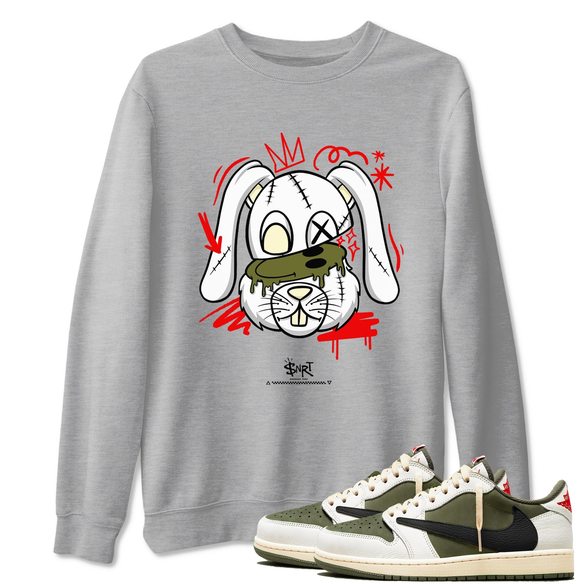 1s Travis Scott Medium Olive shirts to match jordans Crazy Bunny sneaker match tees Air Jordan 1 Travis Scott Medium Olive SNRT Sneaker Tees streetwear brand Heather Grey 1 unisex cotton tee