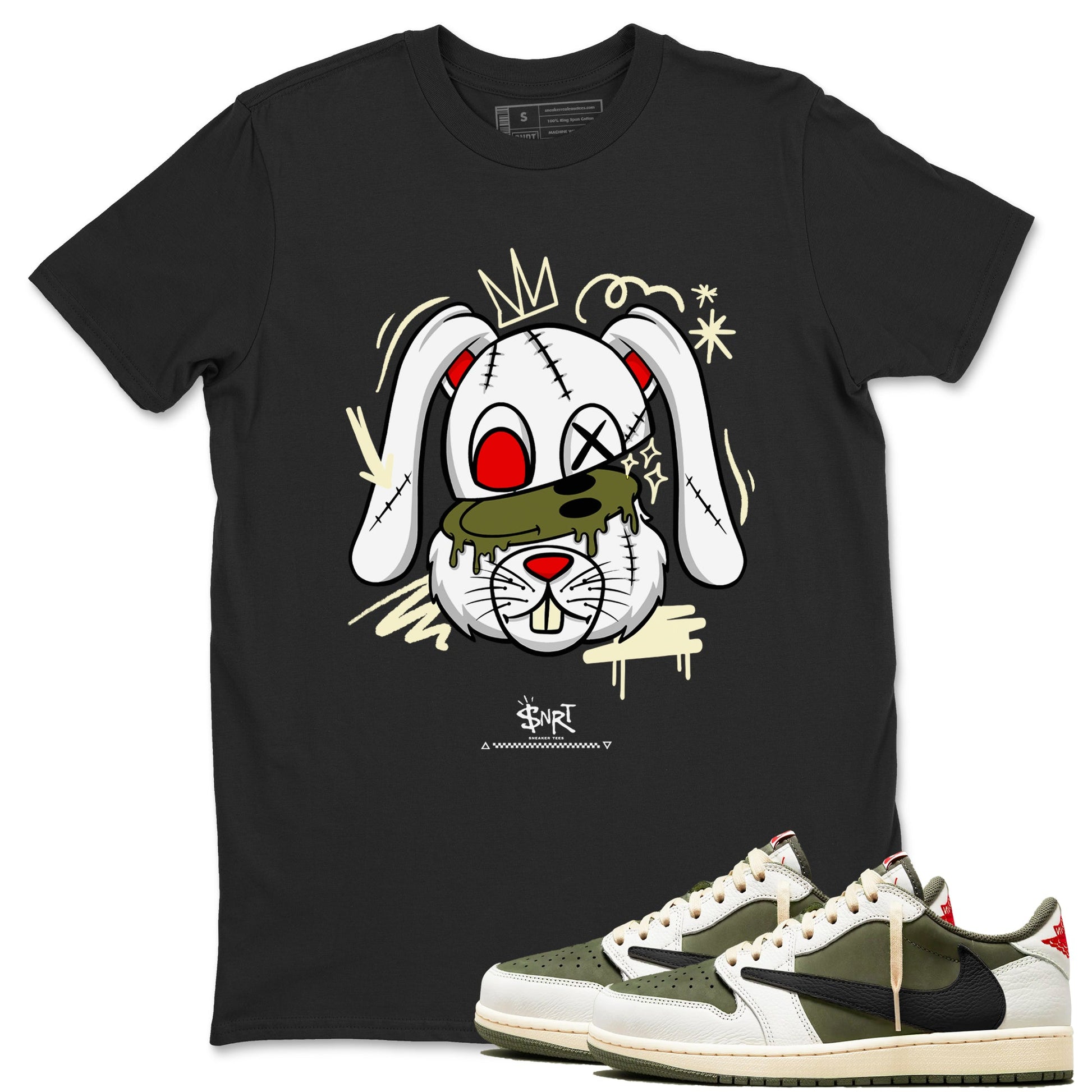 1s Travis Scott Medium Olive shirts to match jordans Crazy Bunny sneaker match tees Air Jordan 1 Travis Scott Medium Olive SNRT Sneaker Tees streetwear brand Black 1 unisex cotton tee