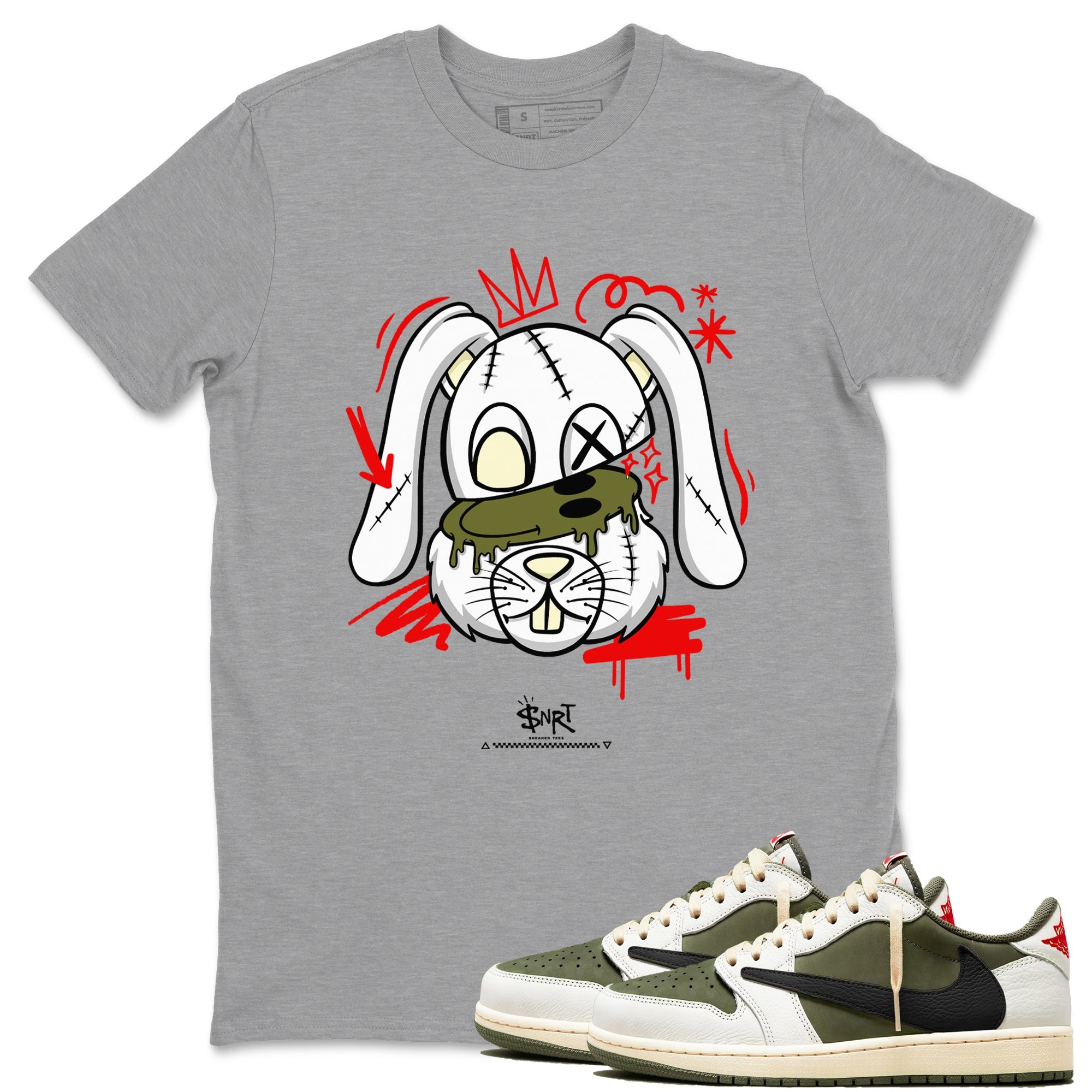 1s Travis Scott Medium Olive shirts to match jordans Crazy Bunny sneaker match tees Air Jordan 1 Travis Scott Medium Olive SNRT Sneaker Tees streetwear brand Heather Grey 1 unisex cotton tee
