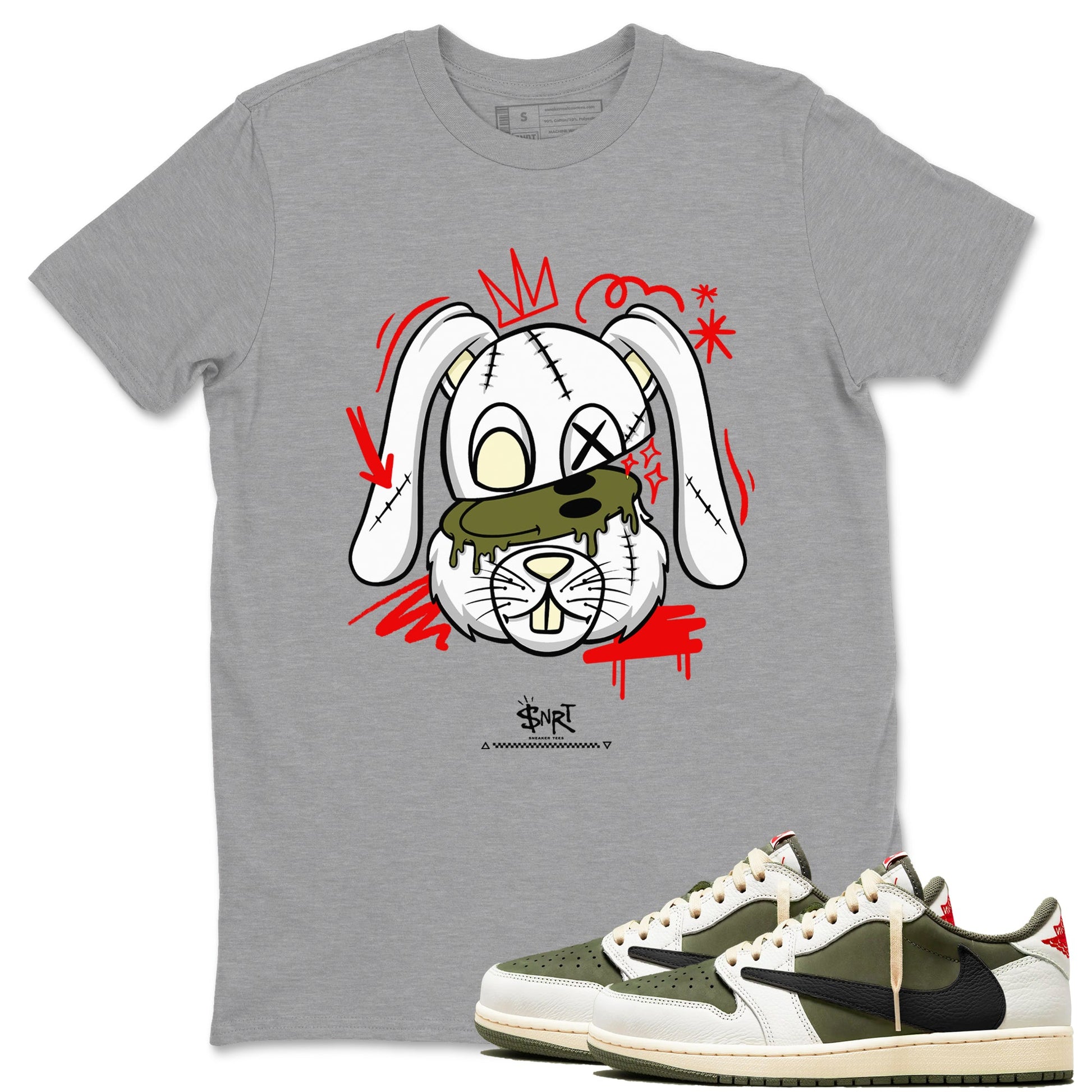 1s Travis Scott Medium Olive shirts to match jordans Crazy Bunny sneaker match tees Air Jordan 1 Travis Scott Medium Olive SNRT Sneaker Tees streetwear brand Heather Grey 1 unisex cotton tee