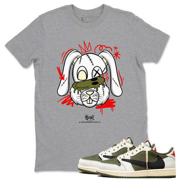 1s Travis Scott Medium Olive shirts to match jordans Crazy Bunny sneaker match tees Air Jordan 1 Travis Scott Medium Olive SNRT Sneaker Tees streetwear brand Heather Grey 1 unisex cotton tee