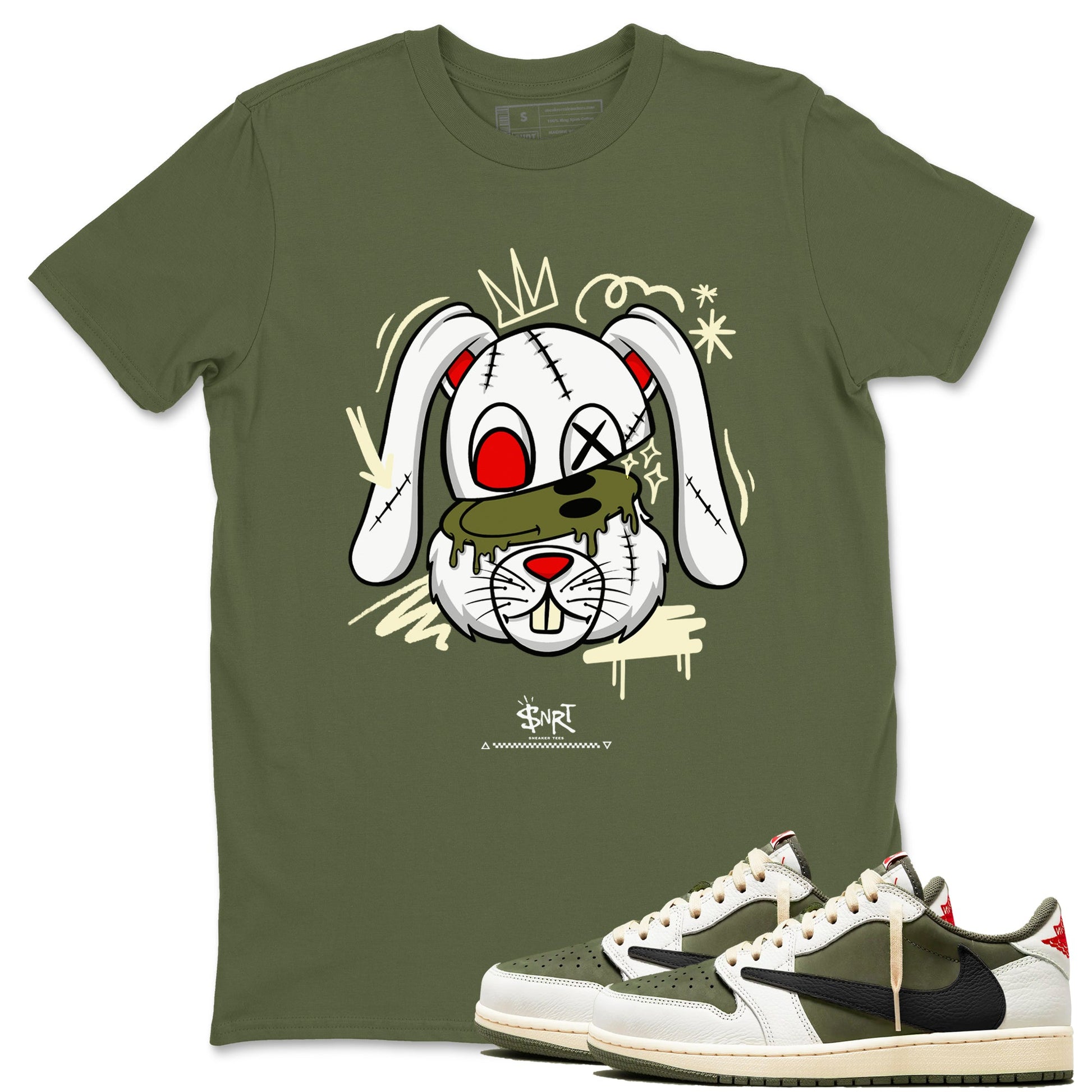 1s Travis Scott Medium Olive shirts to match jordans Crazy Bunny sneaker match tees Air Jordan 1 Travis Scott Medium Olive SNRT Sneaker Tees streetwear brand Military Green 1 unisex cotton tee