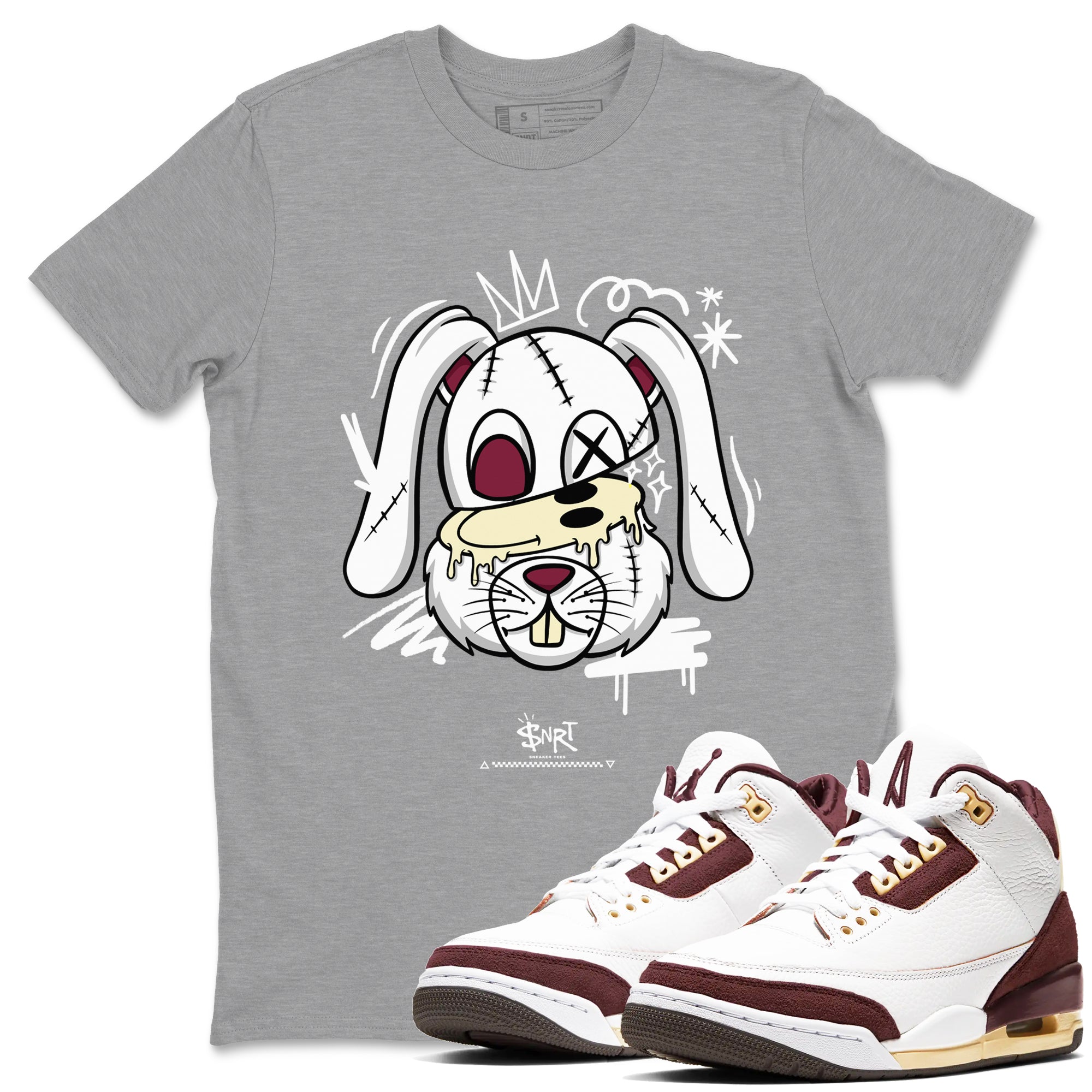 3s A Ma Maniere x Burgundy Crush shirts to match jordans Crazy Bunny sneaker match tees Air Jordan 3 A Ma Maniere x Burgundy Crush SNRT Sneaker Tees streetwear brand Heather Grey 1 unisex cotton tee