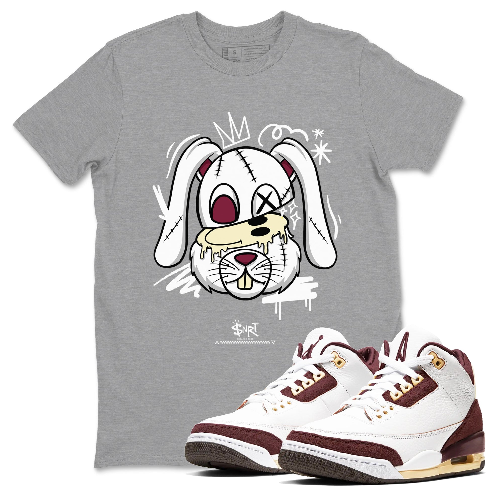 3s A Ma Maniere x Burgundy Crush shirts to match jordans Crazy Bunny sneaker match tees Air Jordan 3 A Ma Maniere x Burgundy Crush SNRT Sneaker Tees streetwear brand Heather Grey 1 unisex cotton tee