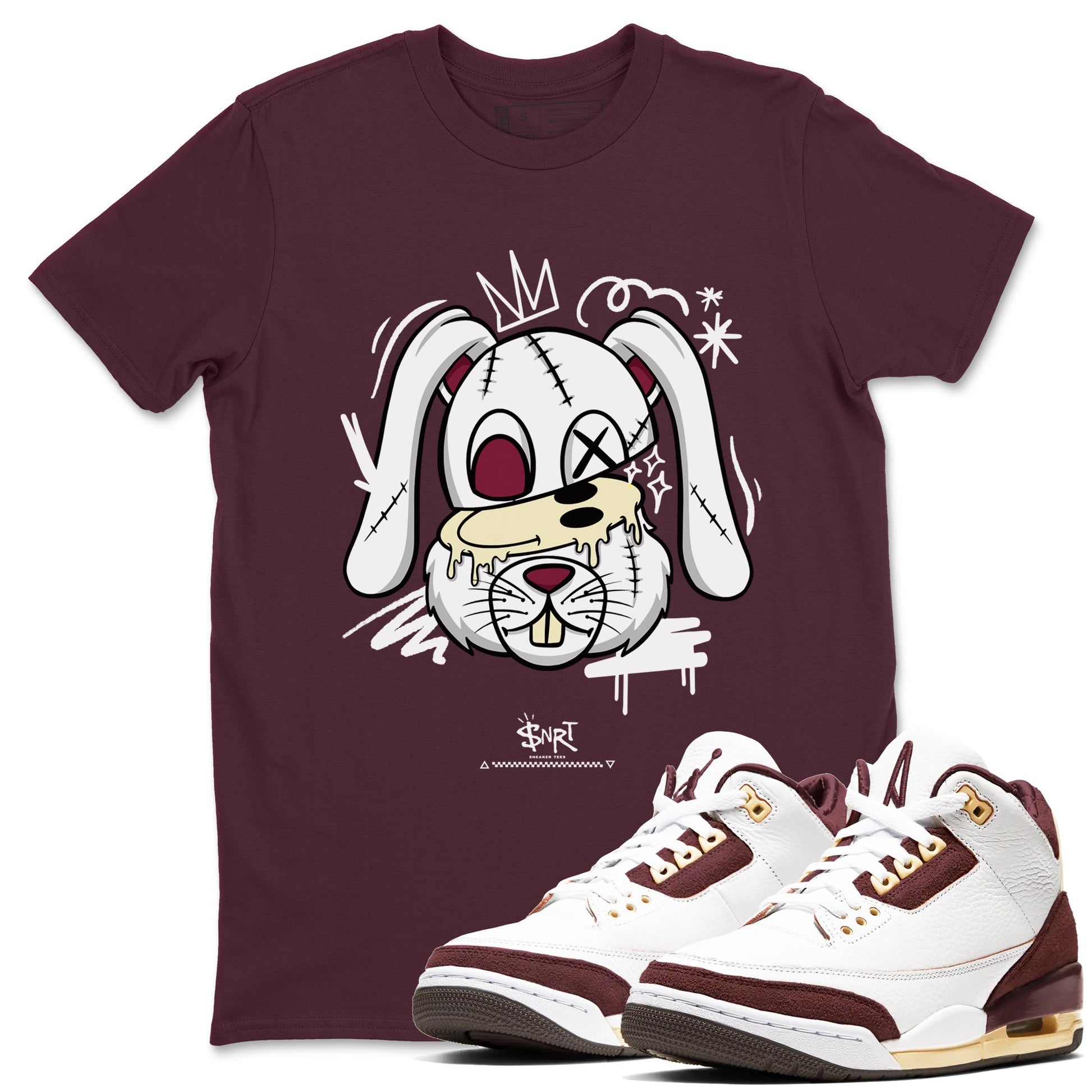 3s A Ma Maniere x Burgundy Crush shirts to match jordans Crazy Bunny sneaker match tees Air Jordan 3 A Ma Maniere x Burgundy Crush SNRT Sneaker Tees streetwear brand Maroon 1 unisex cotton tee