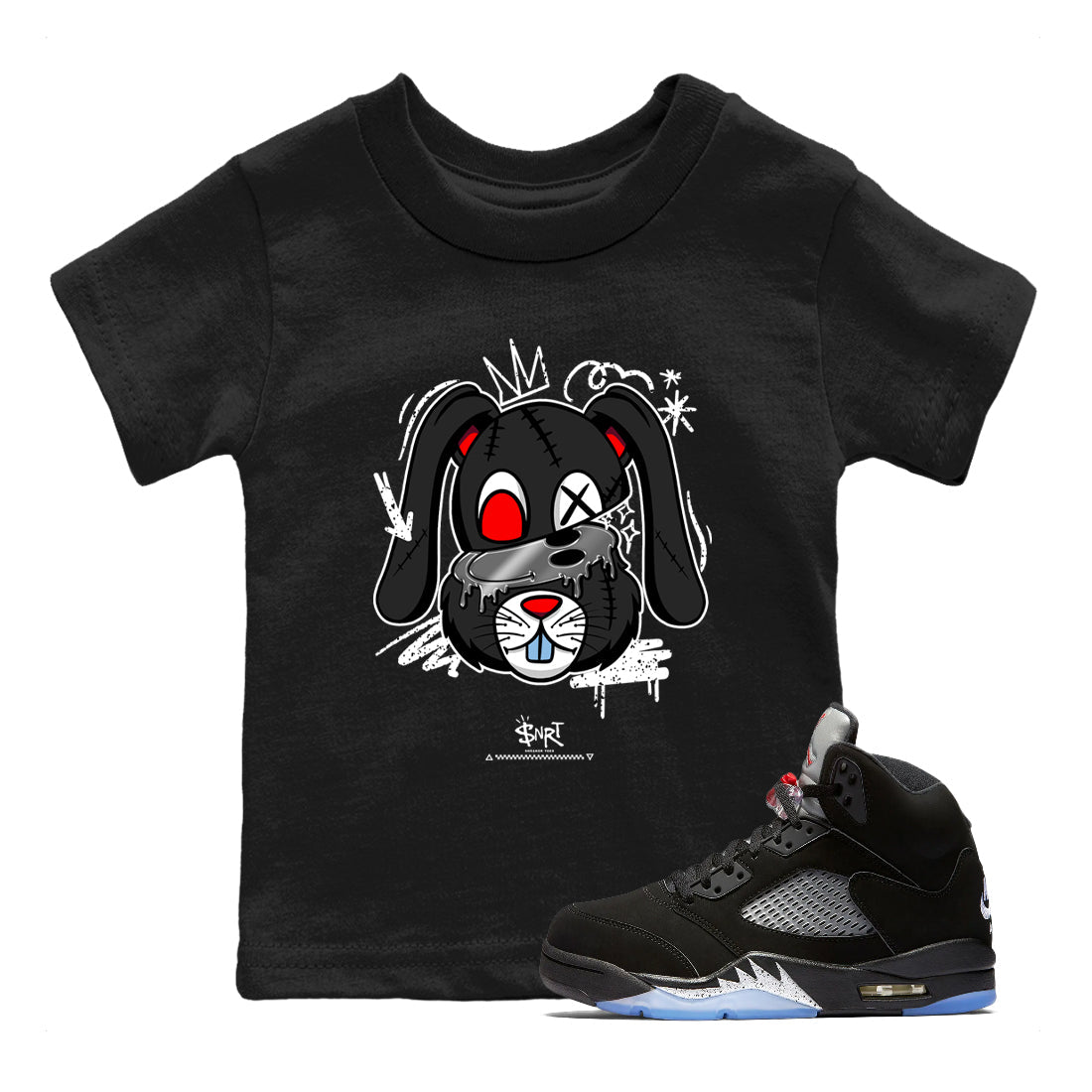 5s Black Metallic Reimagined shirts to match jordans Crazy Bunny sneaker match tees Air Jordan 5 OG Reimagined match shoes to clothes SNRT Sneaker Tees Youth Baby Black 1 tee