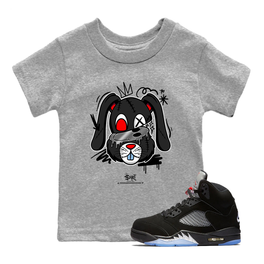 5s Black Metallic Reimagined shirts to match jordans Crazy Bunny sneaker match tees Air Jordan 5 OG Reimagined match shoes to clothes SNRT Sneaker Tees Youth Baby Heather Grey 1 tee