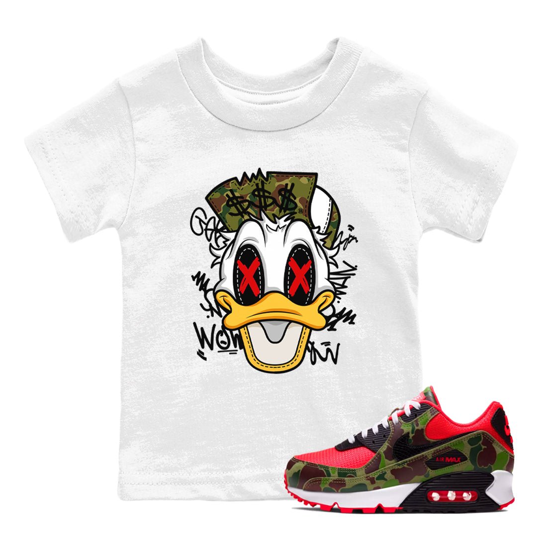 Air Max 90 Duck Camo shirts to match jordans Crazy Duck sneaker match tees Air Max 90 Reverse Duck Camo match shoes to clothes SNRT Sneaker Tees Youth Baby White 1 tee