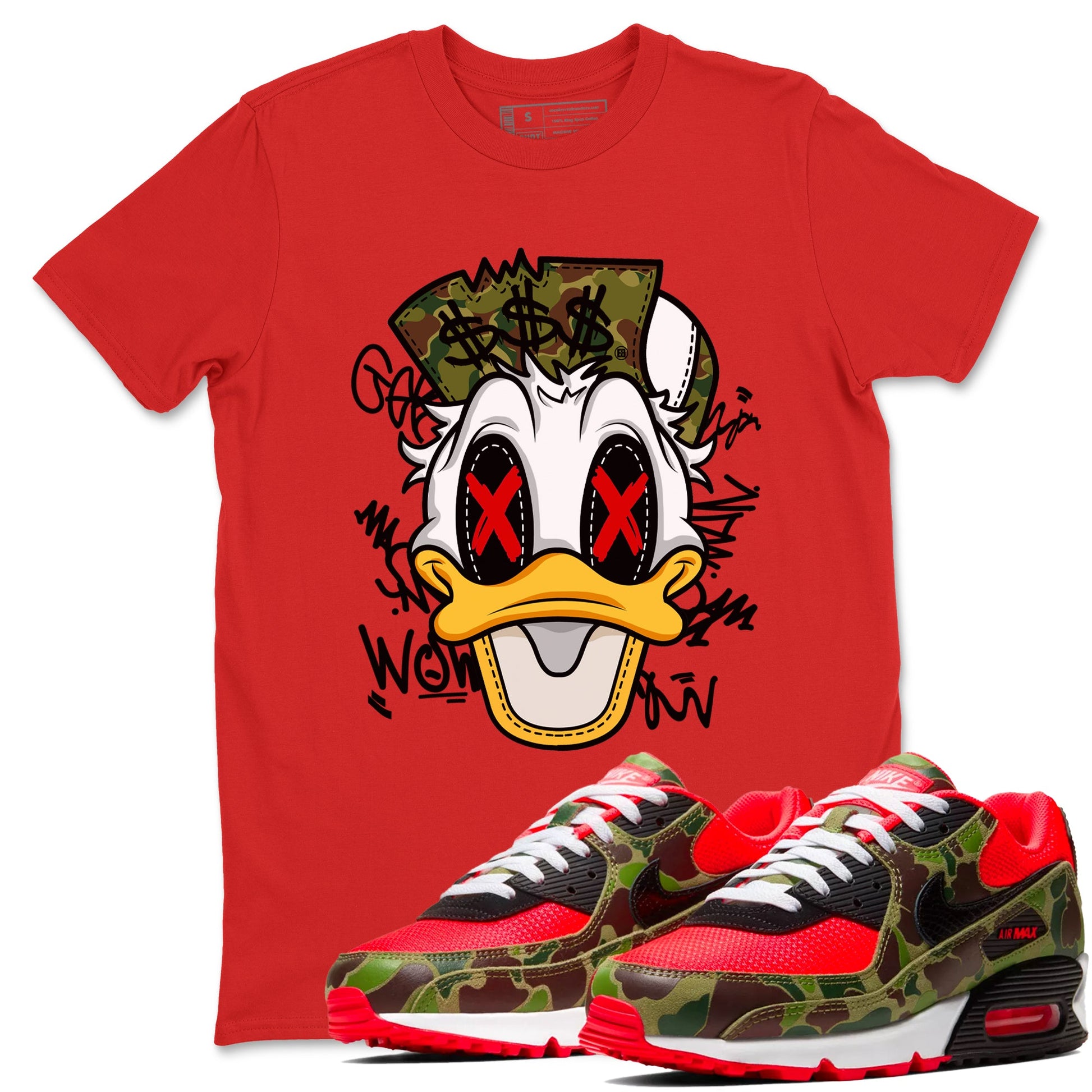 Air Max 90 Duck Camo shirts to match jordans Crazy Duck sneaker match tees Air Max 90 Reverse Duck Camo match shoes to clothes SNRT Sneaker Tees unisex cotton Red 1 shirts