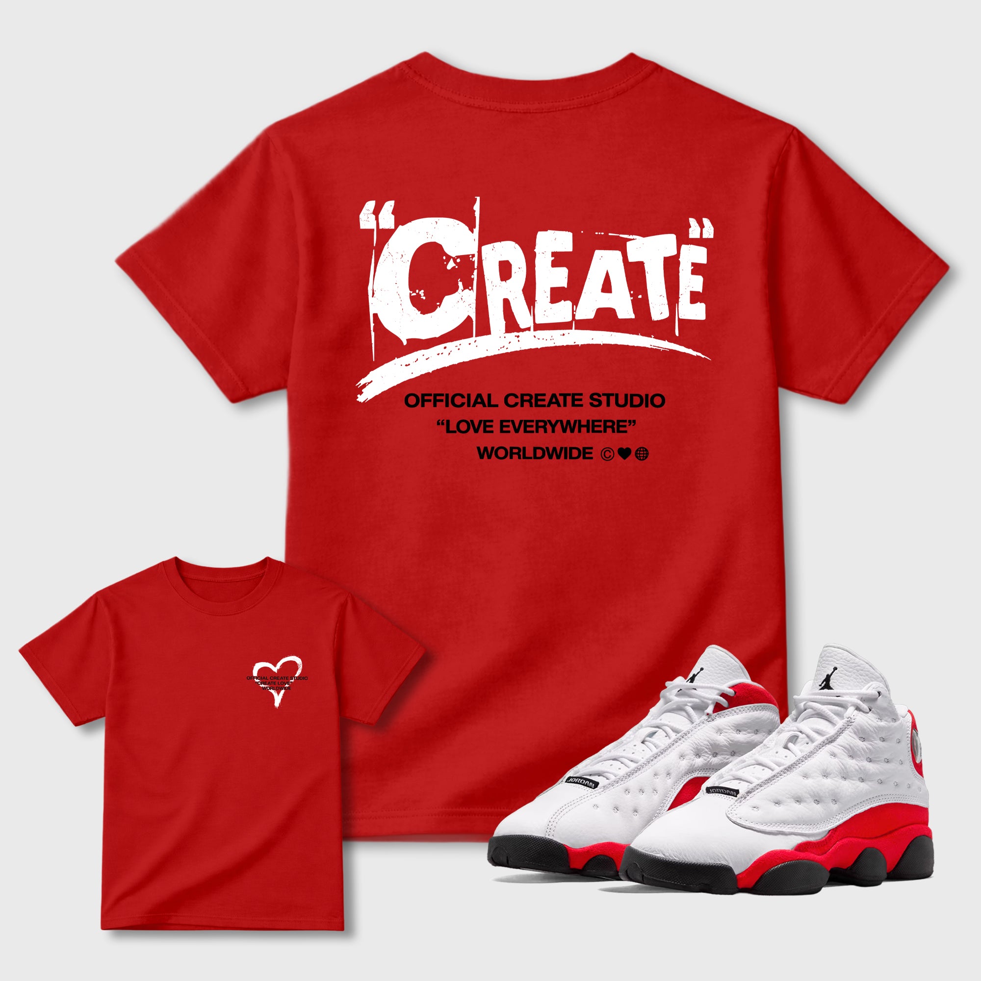 Create Love sneaker match t-shirt styled to complete your fit with the sneakers, shown in Red.