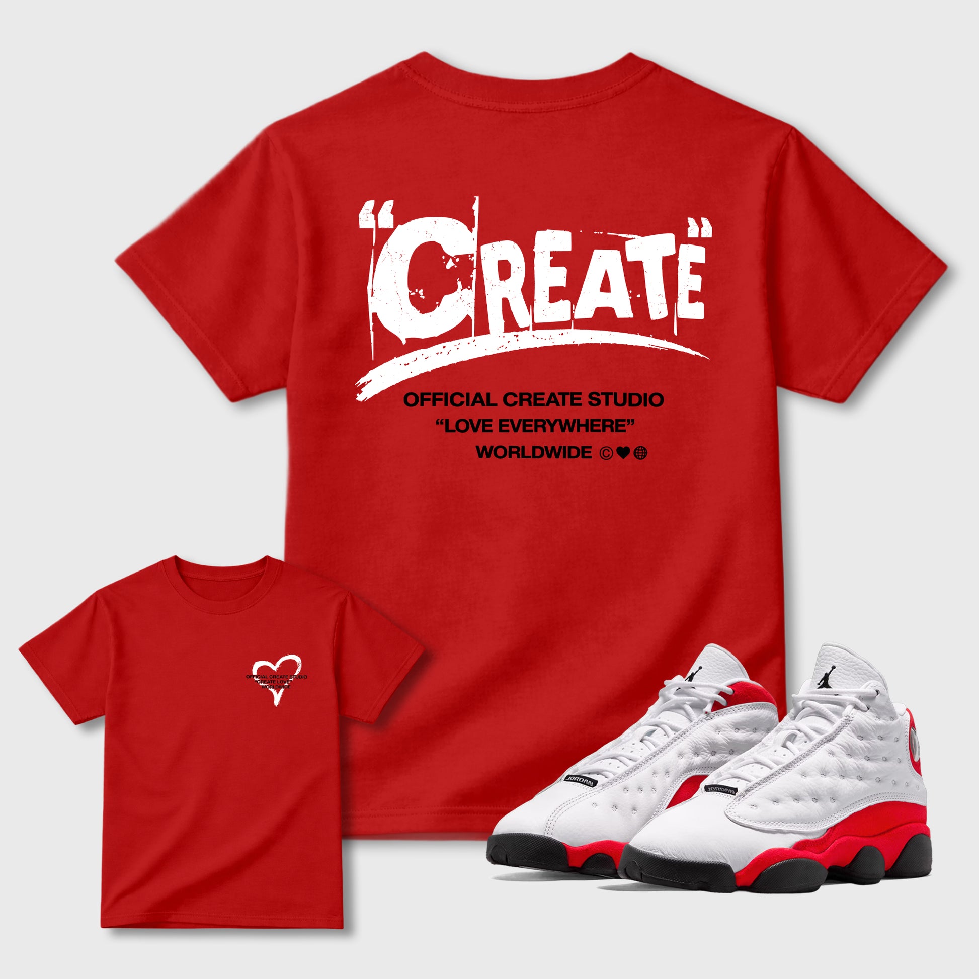 Create Love sneaker match t-shirt styled to complete your fit with the sneakers, shown in Red.