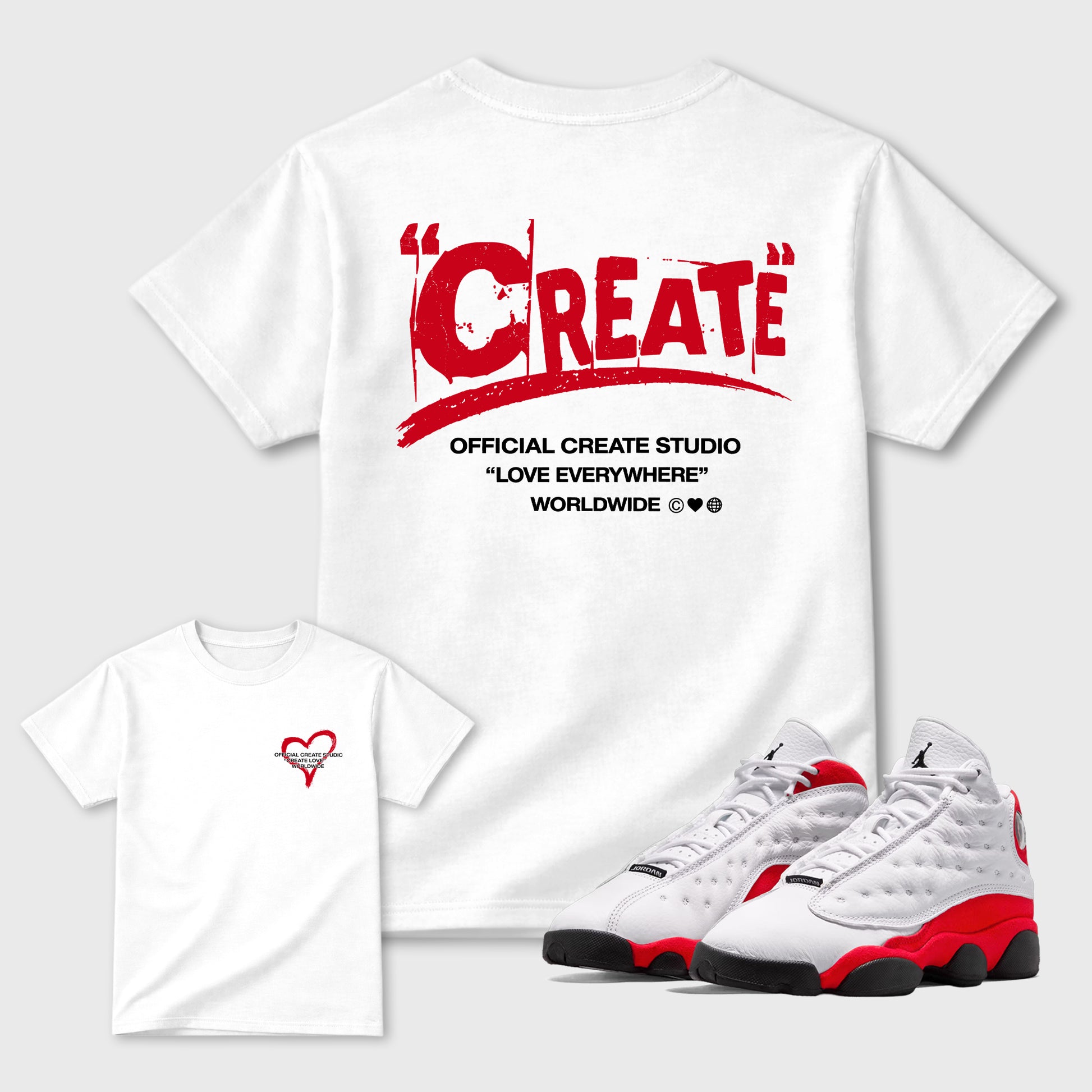 Create Love sneaker match t-shirt styled to complete your fit with the Air Jordan 13 University Red sneakers, shown in White.