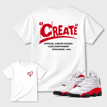 Create Love sneaker match t-shirt styled to complete your fit with the Air Jordan 13 University Red sneakers, shown in White.