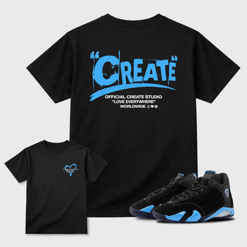 Create Love sneaker match t-shirt styled to complete your fit with the Air Jordan 14 University Blue sneakers, front and Back Graphic Tee, shown in Black.