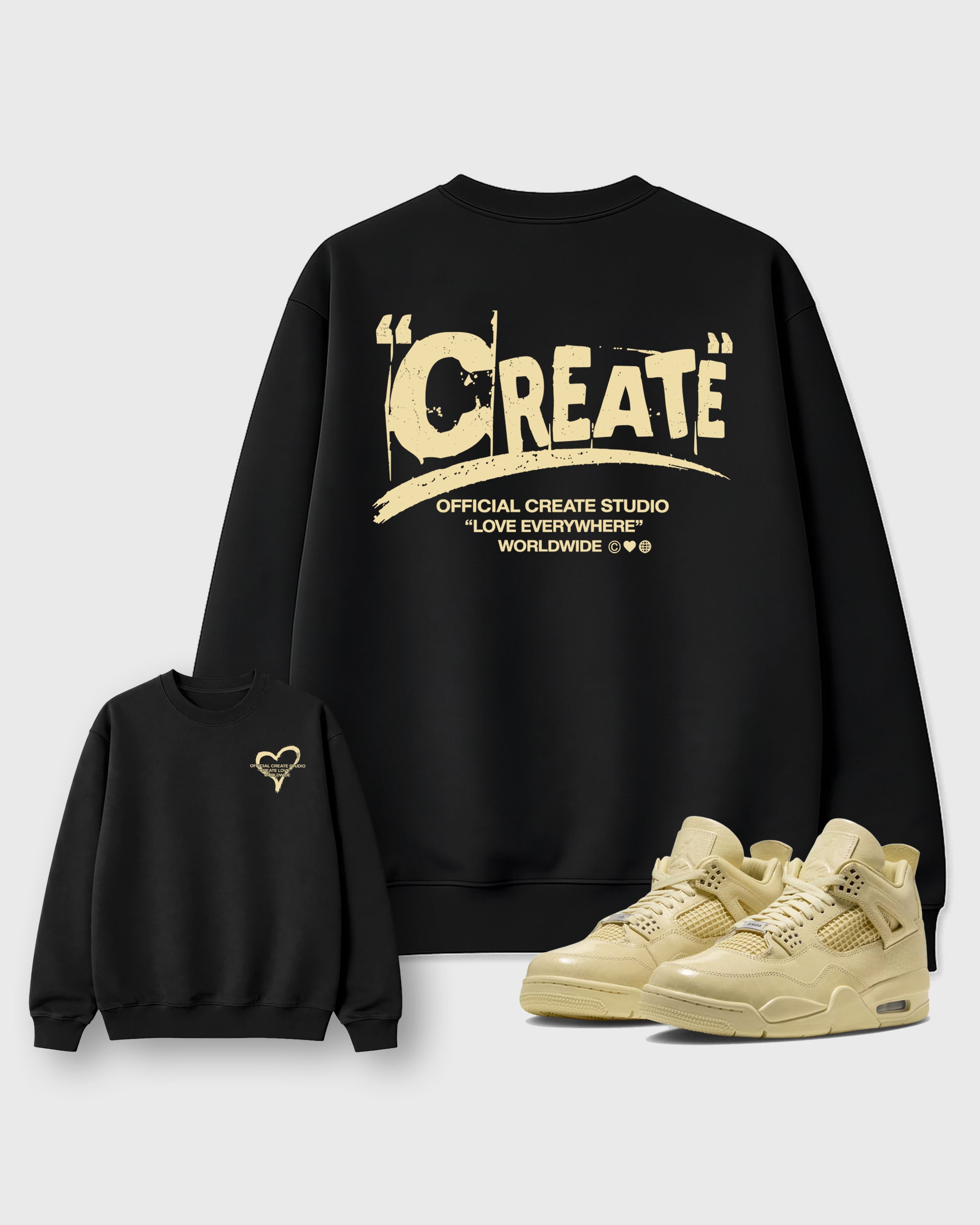 Create Love Black Graphic Sweatshirt - 1, a sneaker matching sweatshirt designed to coordinate with Air Jordan 4 J Balvin 'Amazonas' sneakers for a complete sneaker outfit.