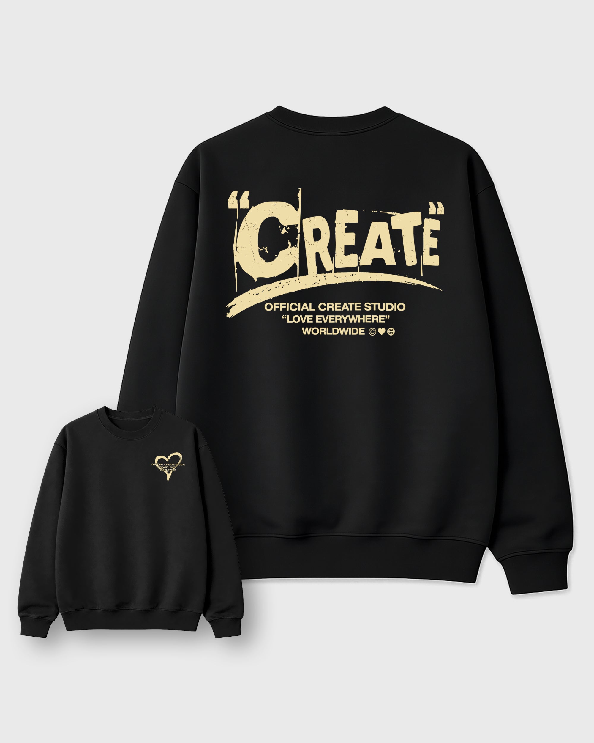 Create Love Black Graphic Sweatshirt - 3, a graphic streetwear sweatshirt inspired by Air Jordan 4 J Balvin 'Amazonas' sneakers for an easy coordinated sneaker fit.