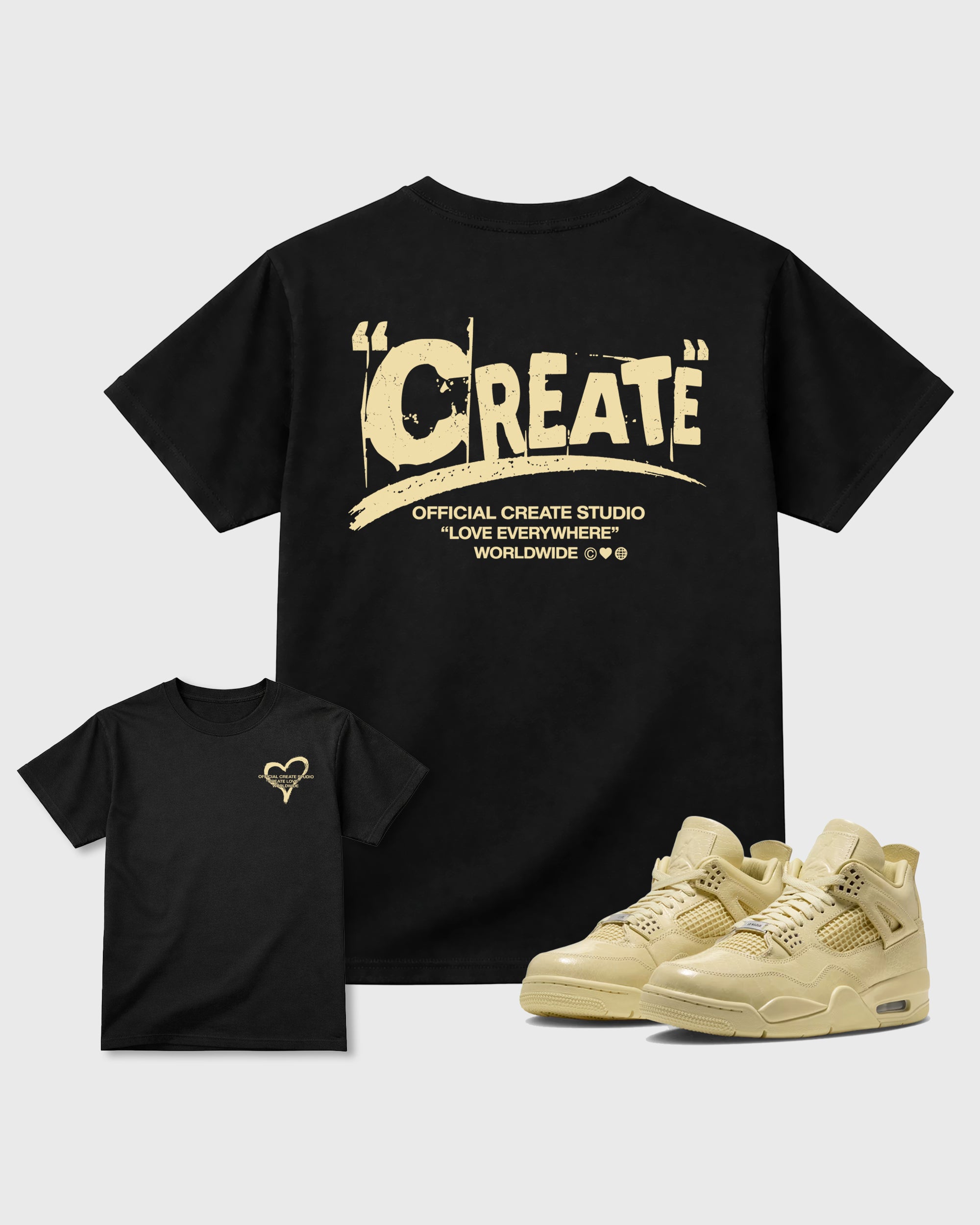 Create Love Black Graphic T-Shirt - 1, sneaker matching tee designed to match Air Jordan 4 J Balvin 'Amazonas' sneakers for a coordinated sneaker outfit.