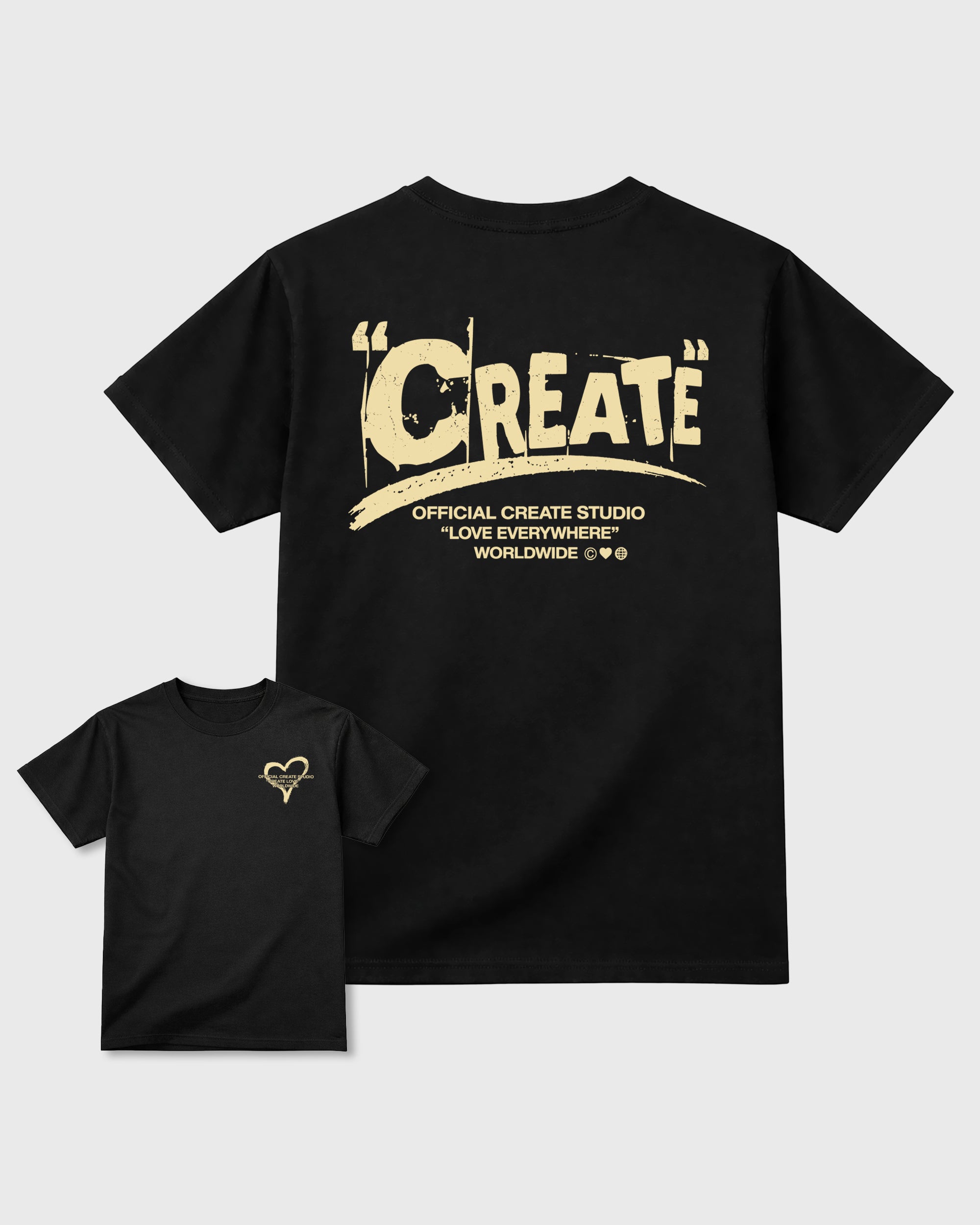 Create Love Black Graphic T-Shirt - 3, sneaker matching shirt designed to pair with Air Jordan 4 J Balvin 'Amazonas' sneakers for a coordinated streetwear outfit.