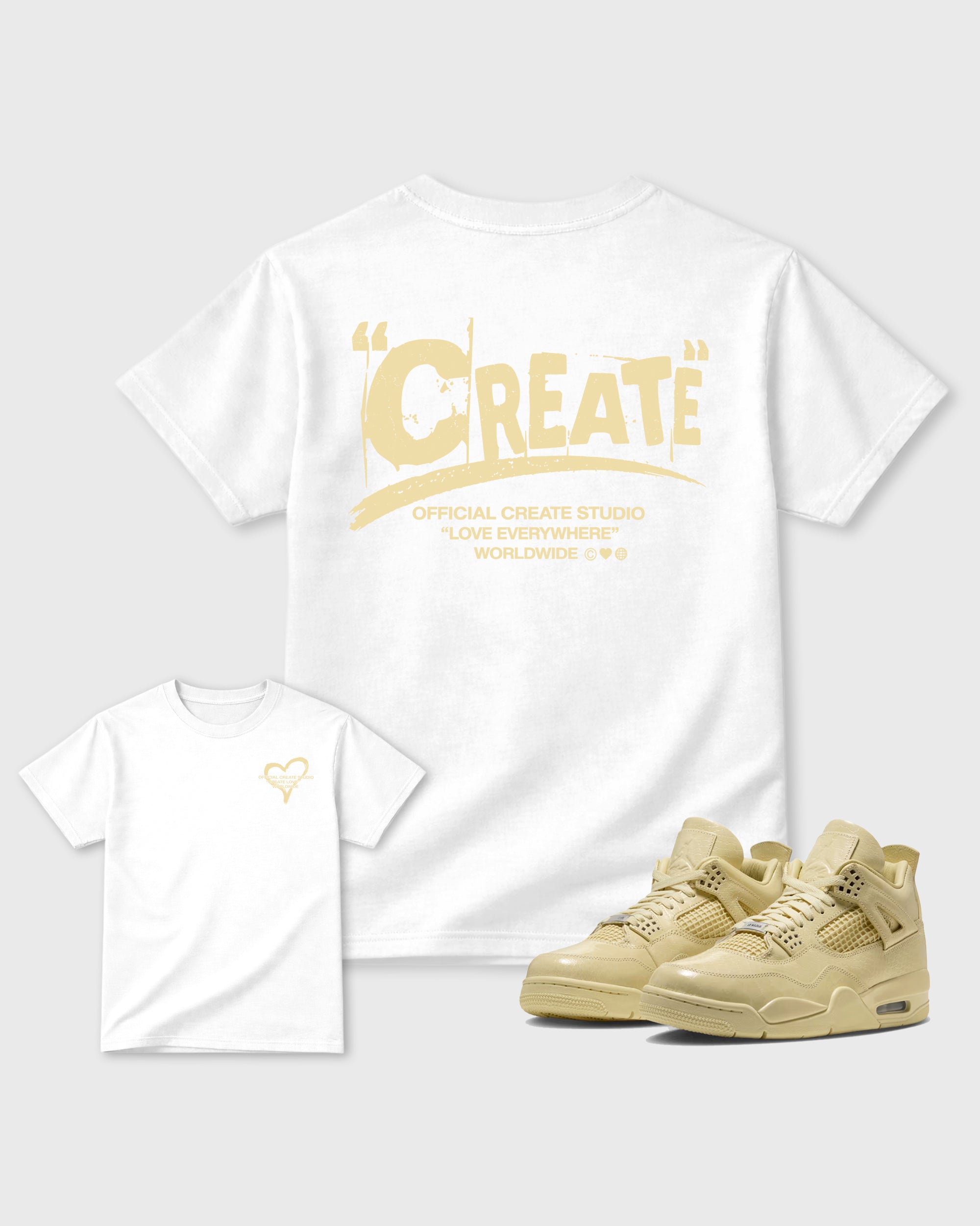 Create Love White Graphic T-Shirt - 1, sneaker matching tee designed to match Air Jordan 4 J Balvin 'Amazonas' sneakers for a coordinated sneaker outfit.