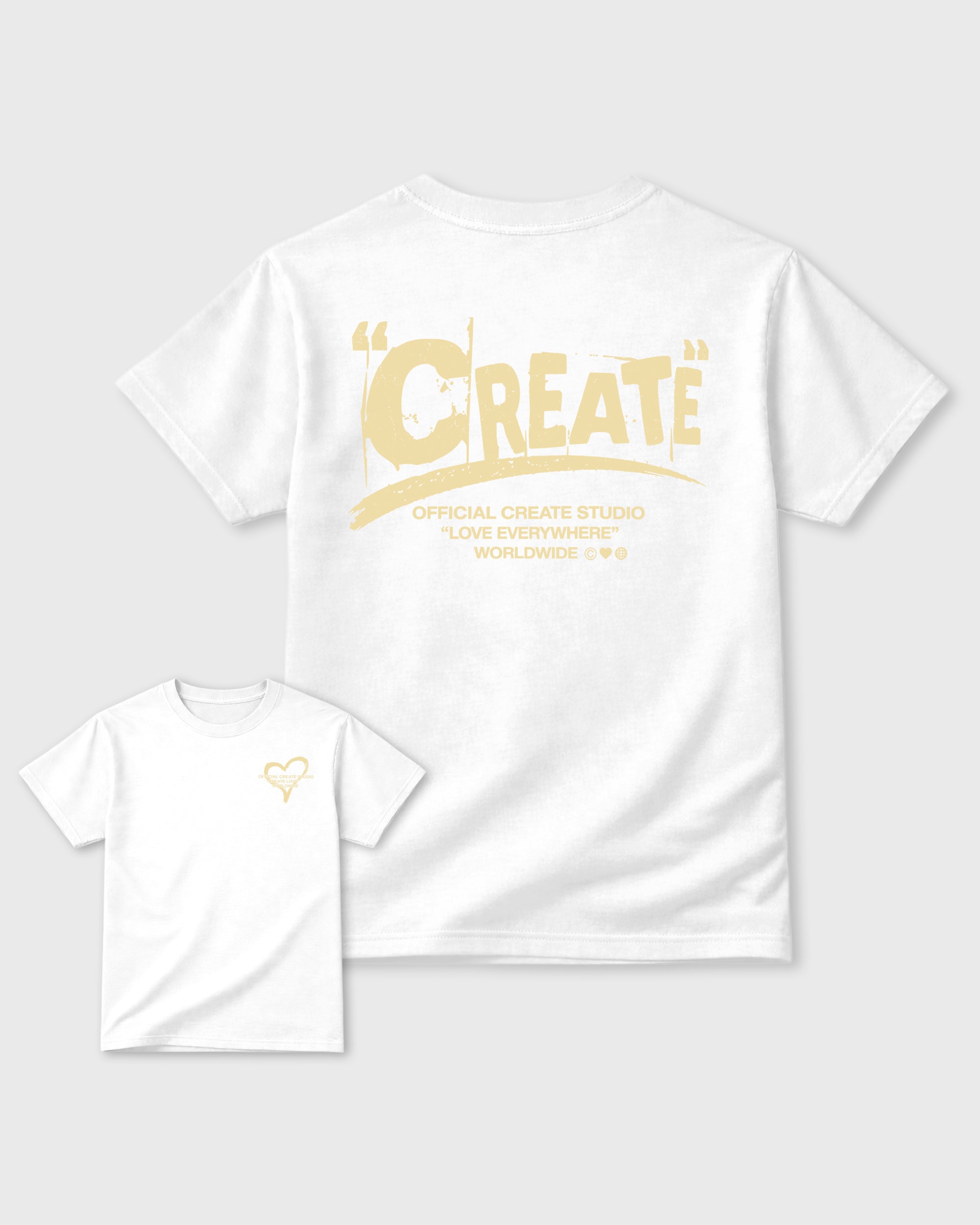 Create Love White Graphic T-Shirt - 2, sneaker tee made to match Air Jordan 4 J Balvin 'Amazonas' sneakers with original graphic artwork for a coordinated sneaker outfit.