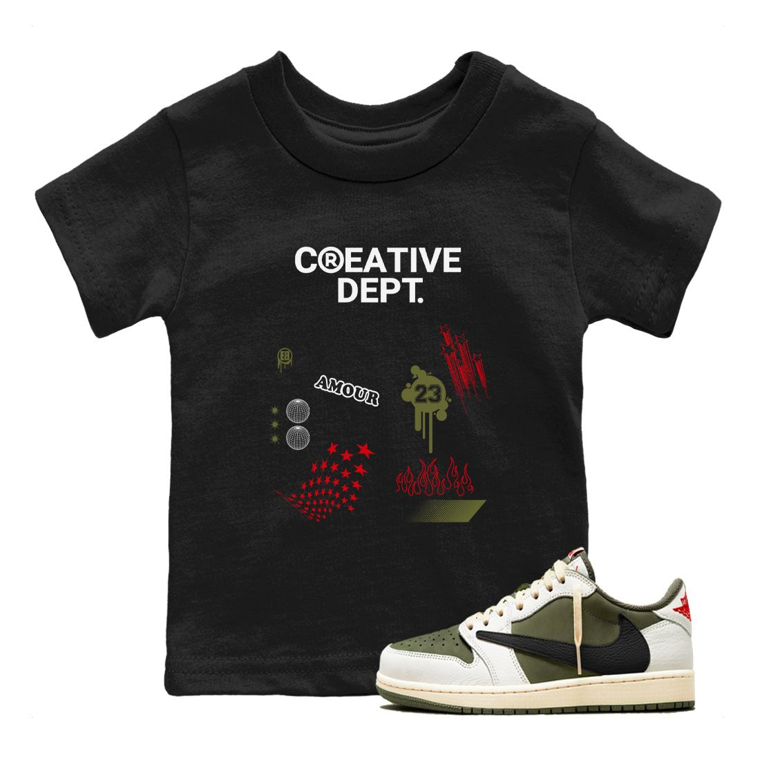 1s Travis Scott Medium Olive Shirts To Match Jordans Creative Dept sneaker match tees Air Jordan 1 Travis Scott Medium Olive Tee SNRT Sneaker Release Tees Youth Baby Black 1 crew neck shirts