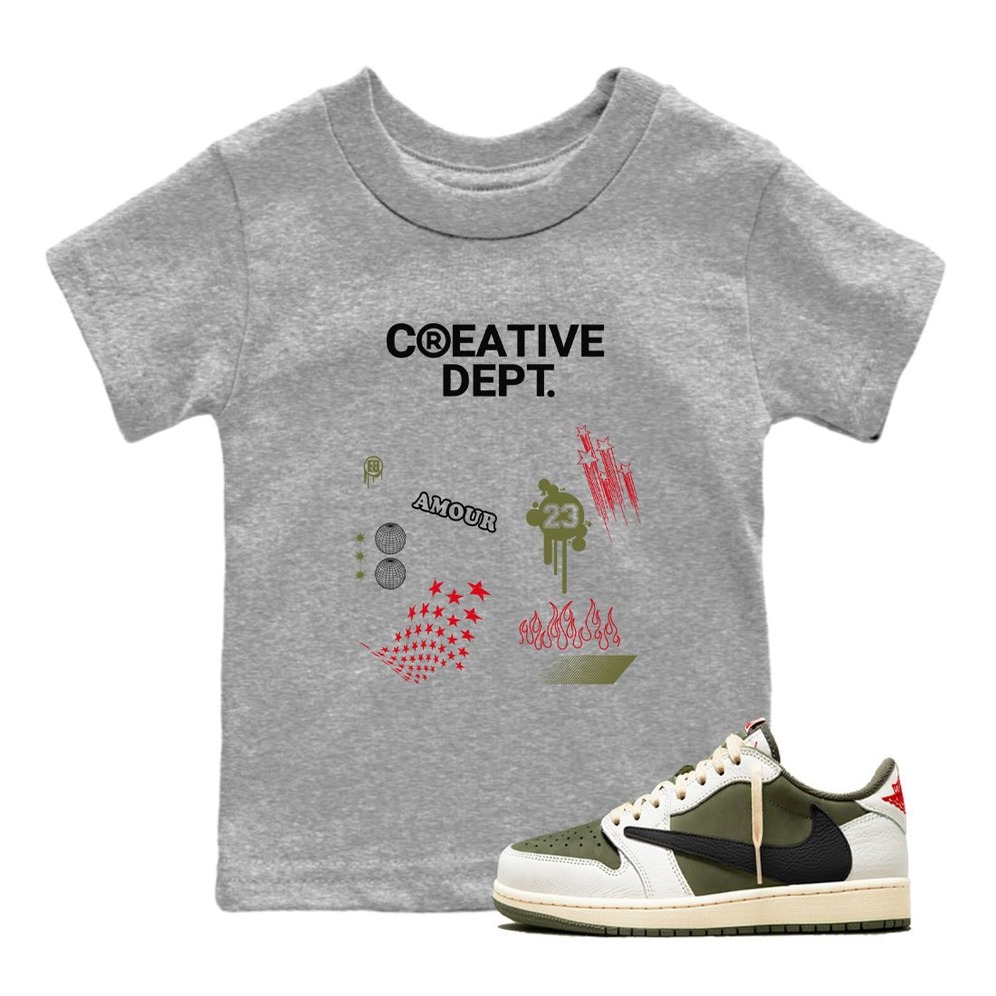 1s Travis Scott Medium Olive Shirts To Match Jordans Creative Dept sneaker match tees Air Jordan 1 Travis Scott Medium Olive Tee SNRT Sneaker Release Tees Youth Baby Heather Grey 1 crew neck shirts