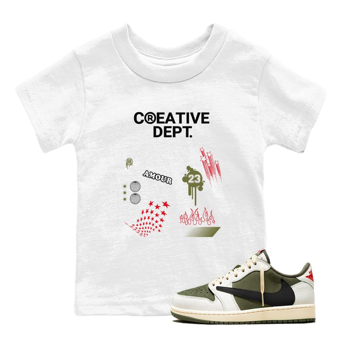 1s Travis Scott Medium Olive Shirts To Match Jordans Creative Dept sneaker match tees Air Jordan 1 Travis Scott Medium Olive Tee SNRT Sneaker Release Tees Youth Baby White 1 crew neck shirts