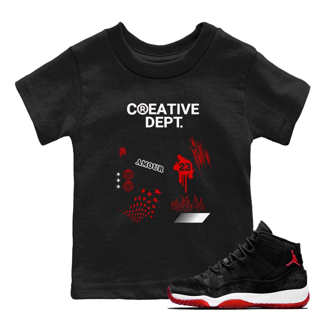 11s Bred Velvet Shirts To Match Jordans Creative Dept sneaker match tees Air Jordan 11 Bred Velvet Tee SNRT Sneaker Release Tees Youth Baby Black 1 crew neck shirts