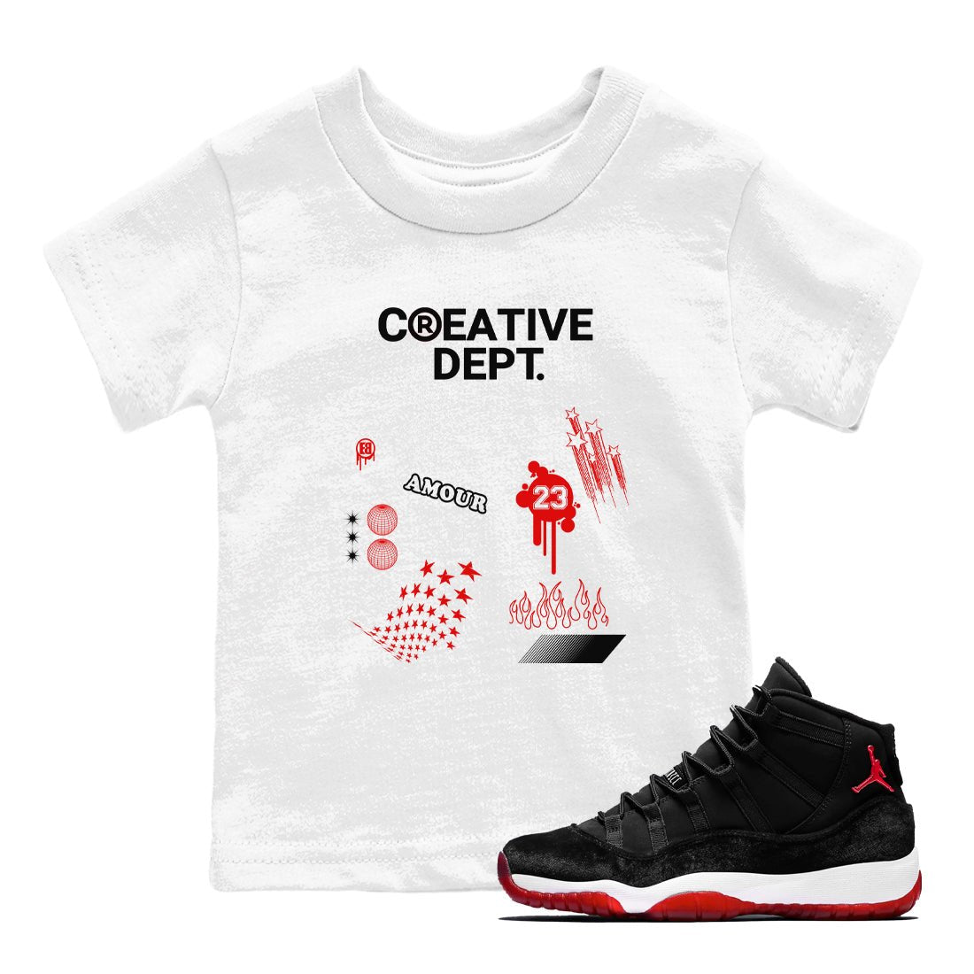 11s Bred Velvet Shirts To Match Jordans Creative Dept sneaker match tees Air Jordan 11 Bred Velvet Tee SNRT Sneaker Release Tees Youth Baby White 1 crew neck shirts