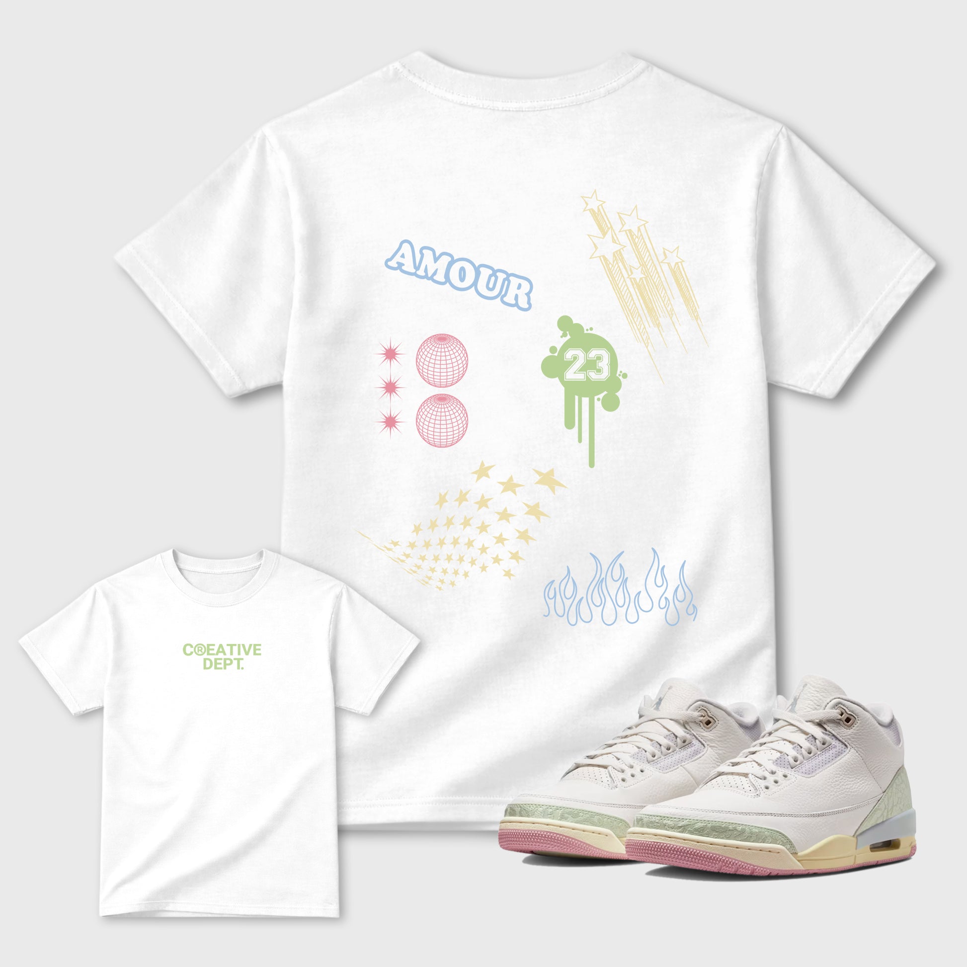 Creative Dept sneaker match t-shirt styled to complete your fit with the Air Jordan 3 Jade Aura sneakers, shown in White.
