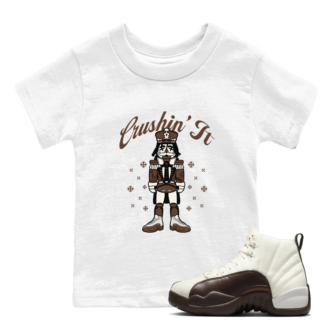 AJ12 Baroque Brown shirts to match jordans Crushin' It best t shirts to wear with jordans SoleFly x Jordan 12 Baroque Brown match shoes to clothes SNRT Sneaker Tees Youth Baby White 1 tee